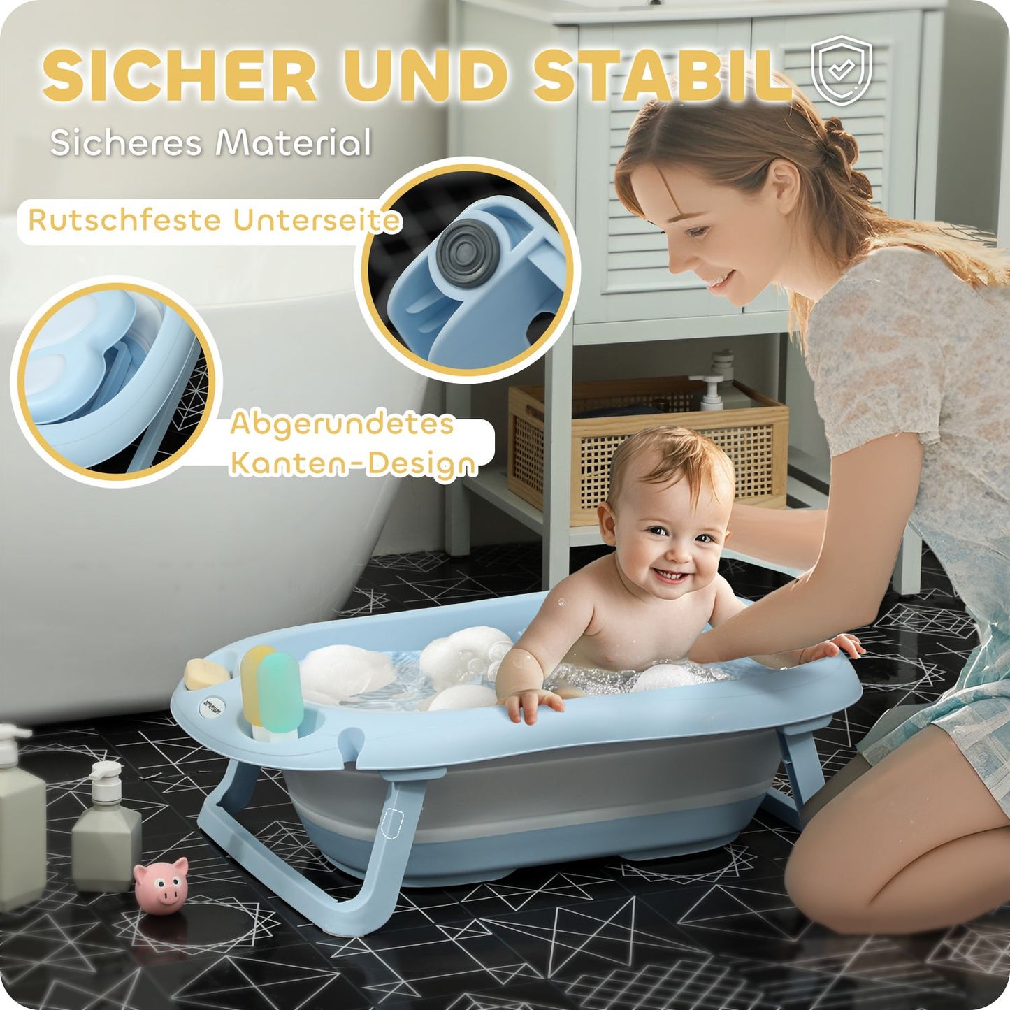 Foldable non-slip baby bathtub set, light blue, for toddlers