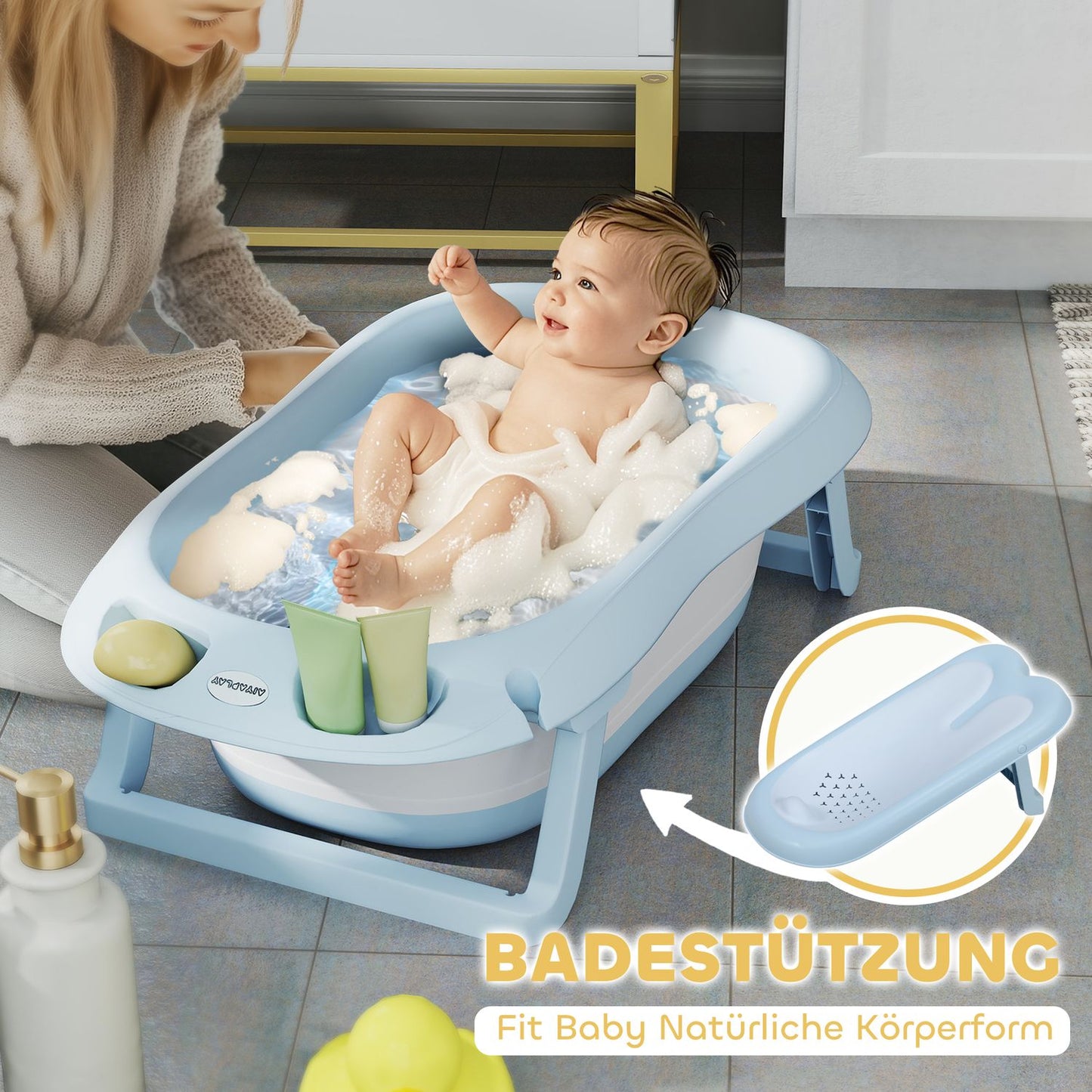 Foldable non-slip baby bathtub set, light blue, for toddlers
