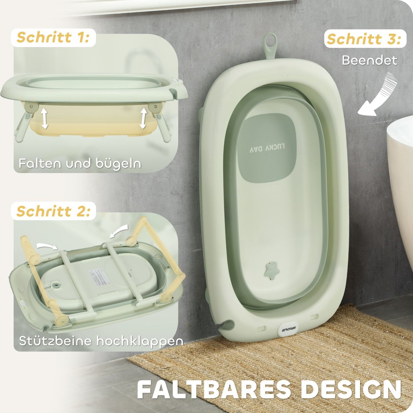 Foldable non-slip baby bath with cushion, set of 2, green