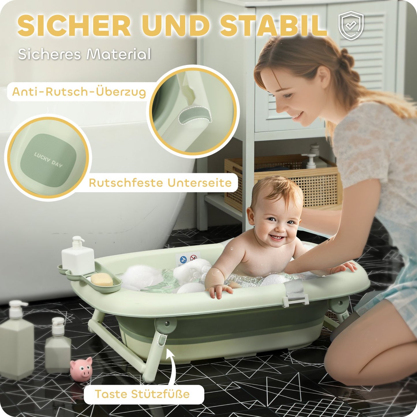 Foldable non-slip baby bath with cushion, set of 2, green