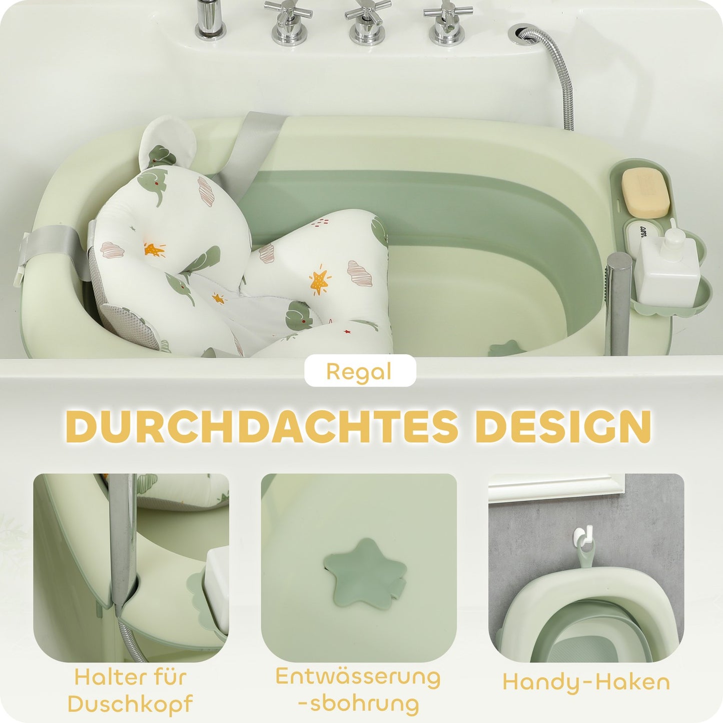 Foldable non-slip baby bath with cushion, set of 2, green