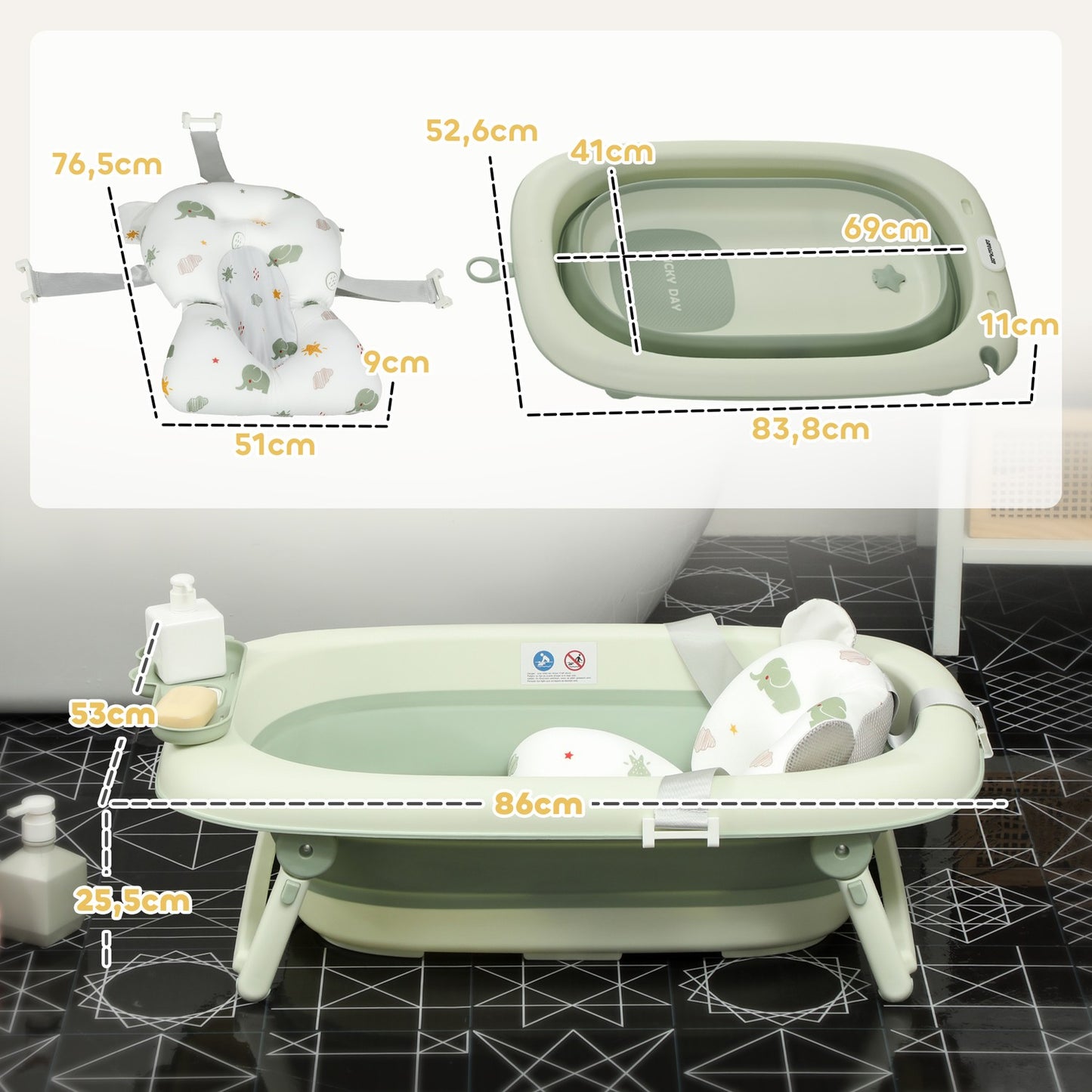 Foldable non-slip baby bath with cushion, set of 2, green