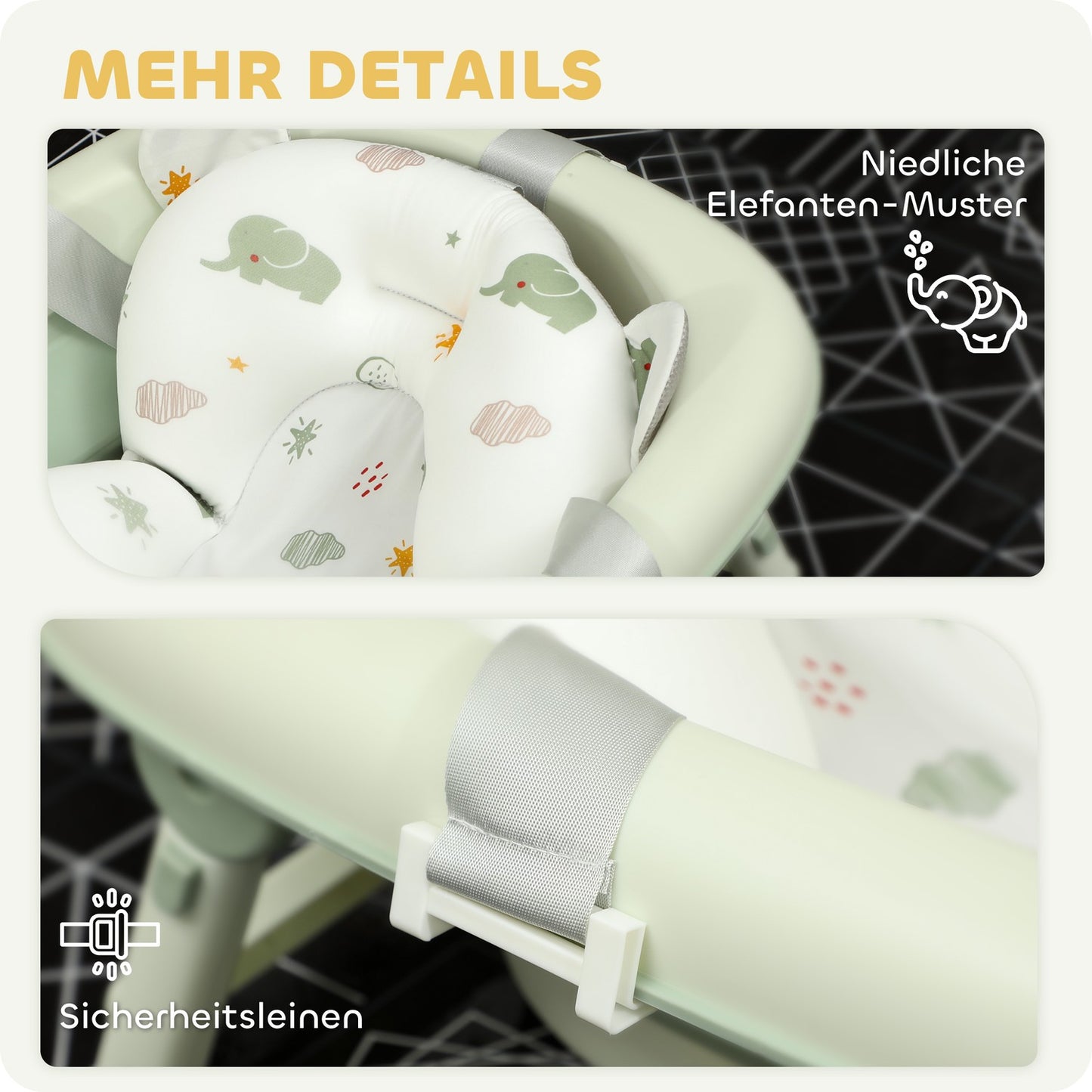 Foldable non-slip baby bath with cushion, set of 2, green