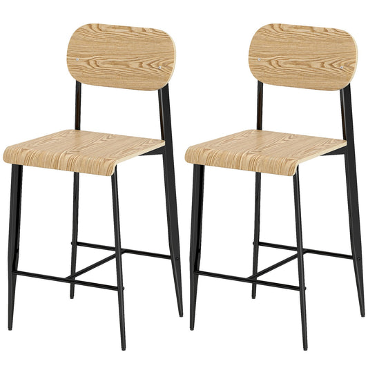 Set of 2 bar stools, bar chairs with backrest and metal frame, wood, light brown