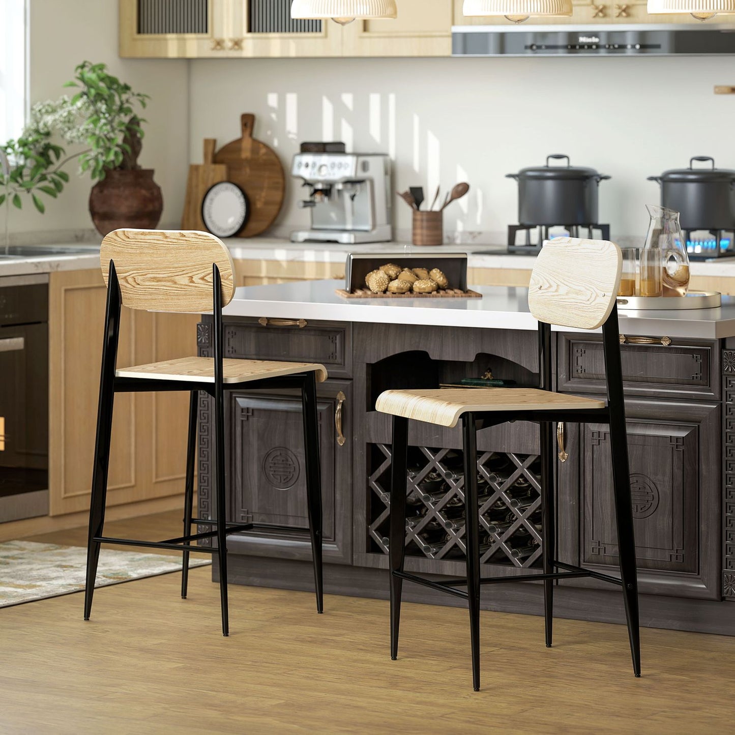 Set of 2 bar stools, bar chairs with backrest and metal frame, wood, light brown