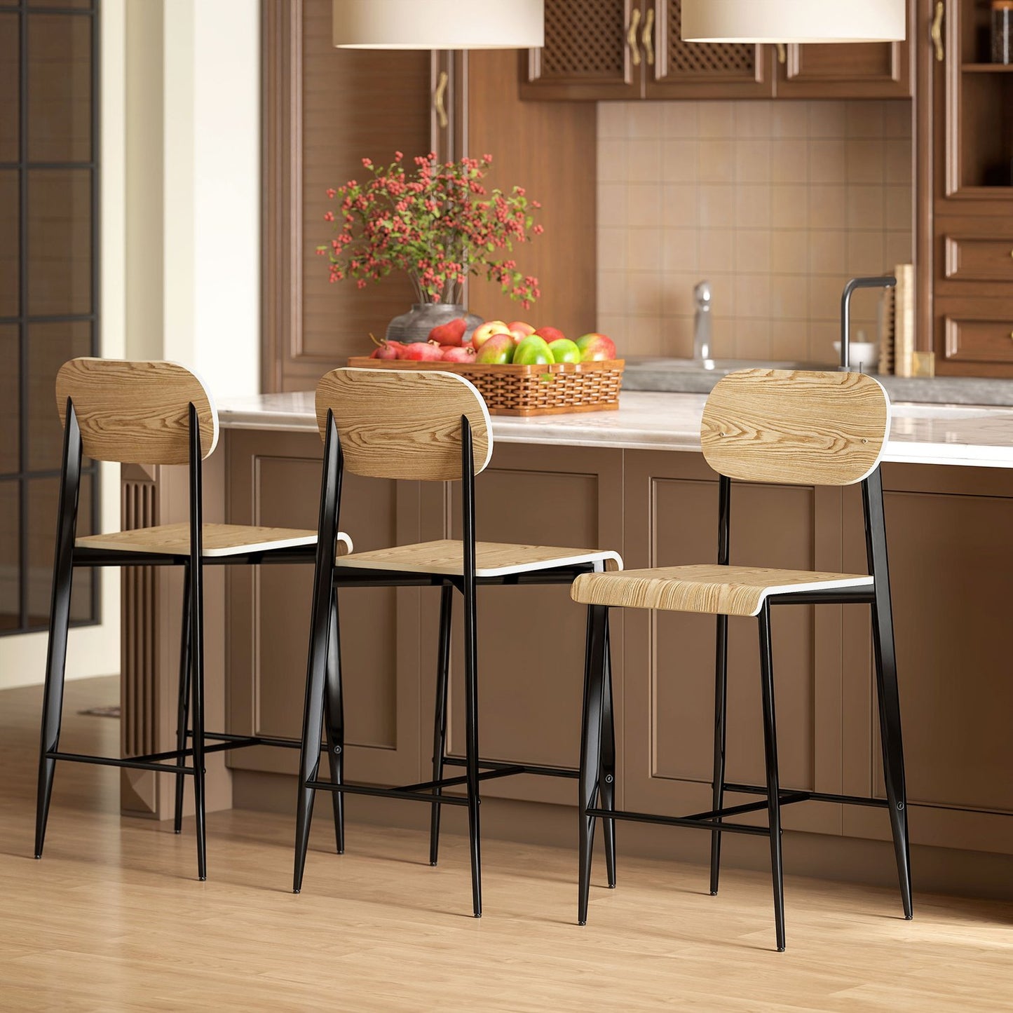 Set of 2 bar stools, bar chairs with backrest and metal frame, wood, light brown