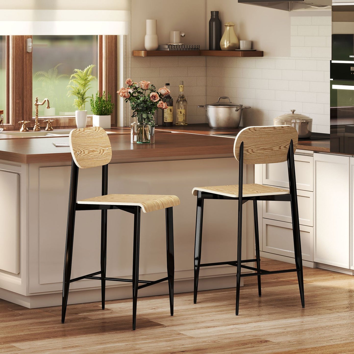 Set of 2 bar stools, bar chairs with backrest and metal frame, wood, light brown