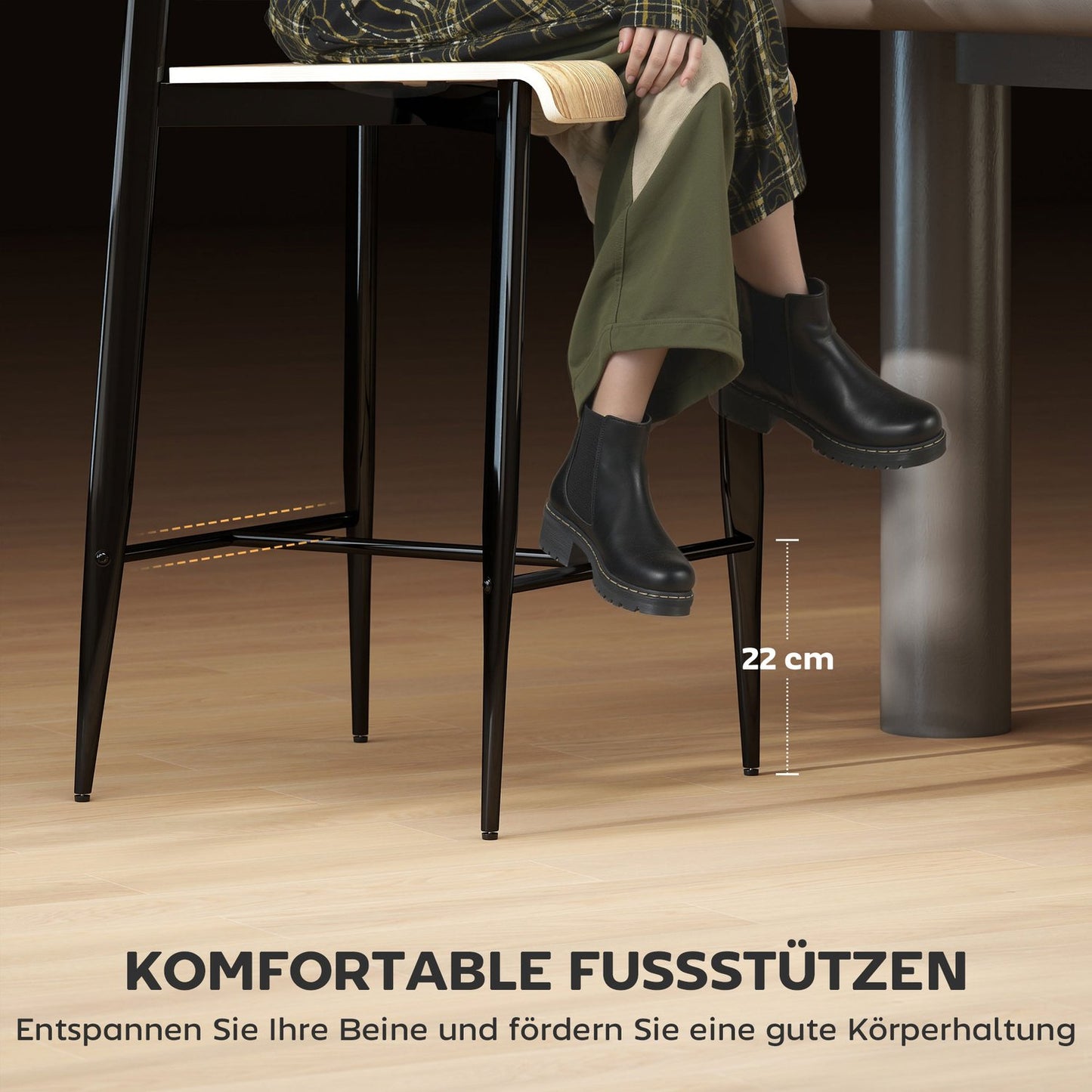 Set of 2 bar stools, bar chairs with backrest and metal frame, wood, light brown