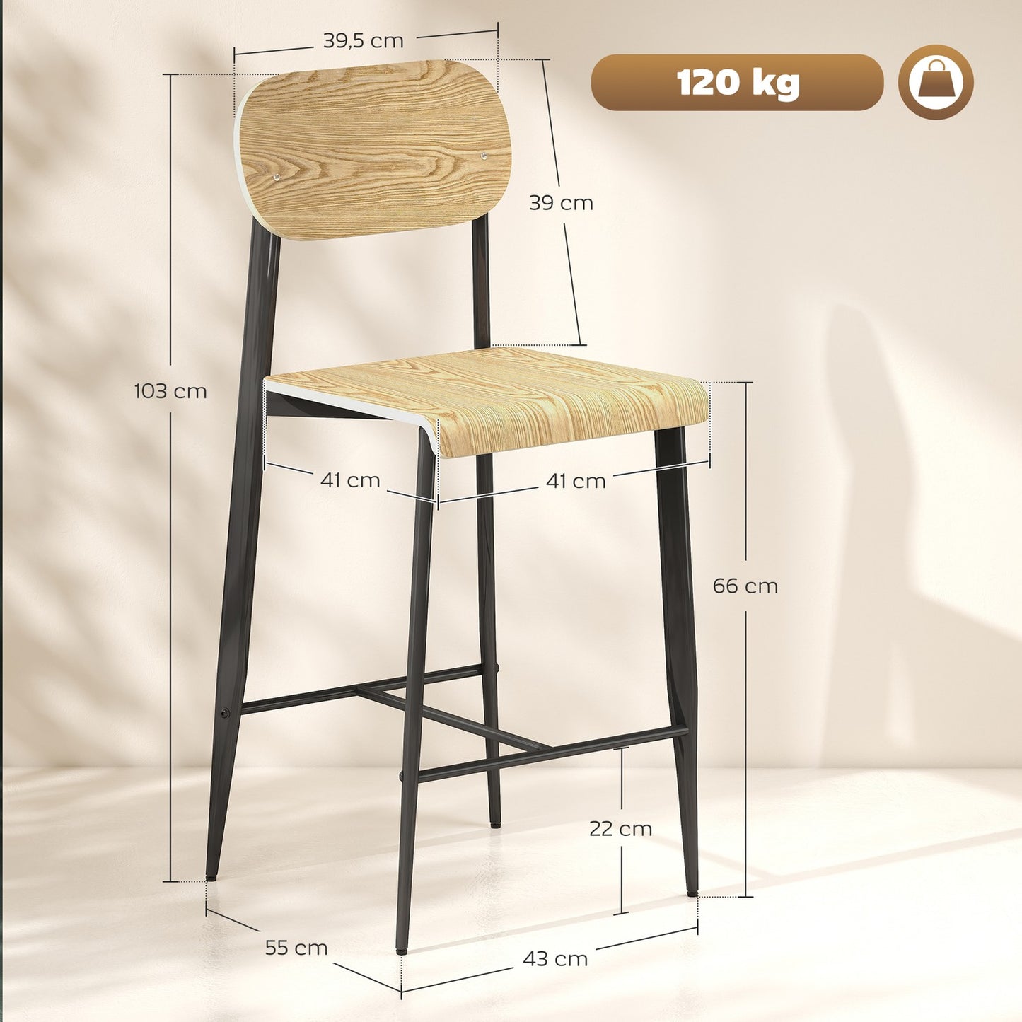 Set of 2 bar stools, bar chairs with backrest and metal frame, wood, light brown