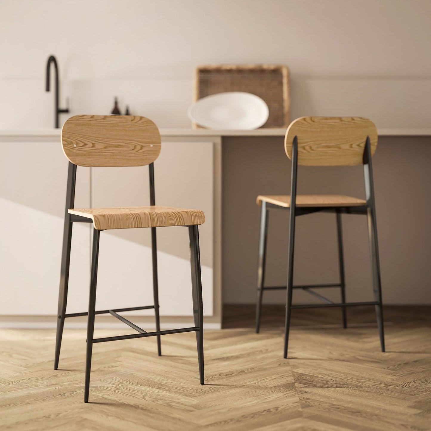 Set of 2 bar stools, bar chairs with backrest and metal frame, wood, light brown