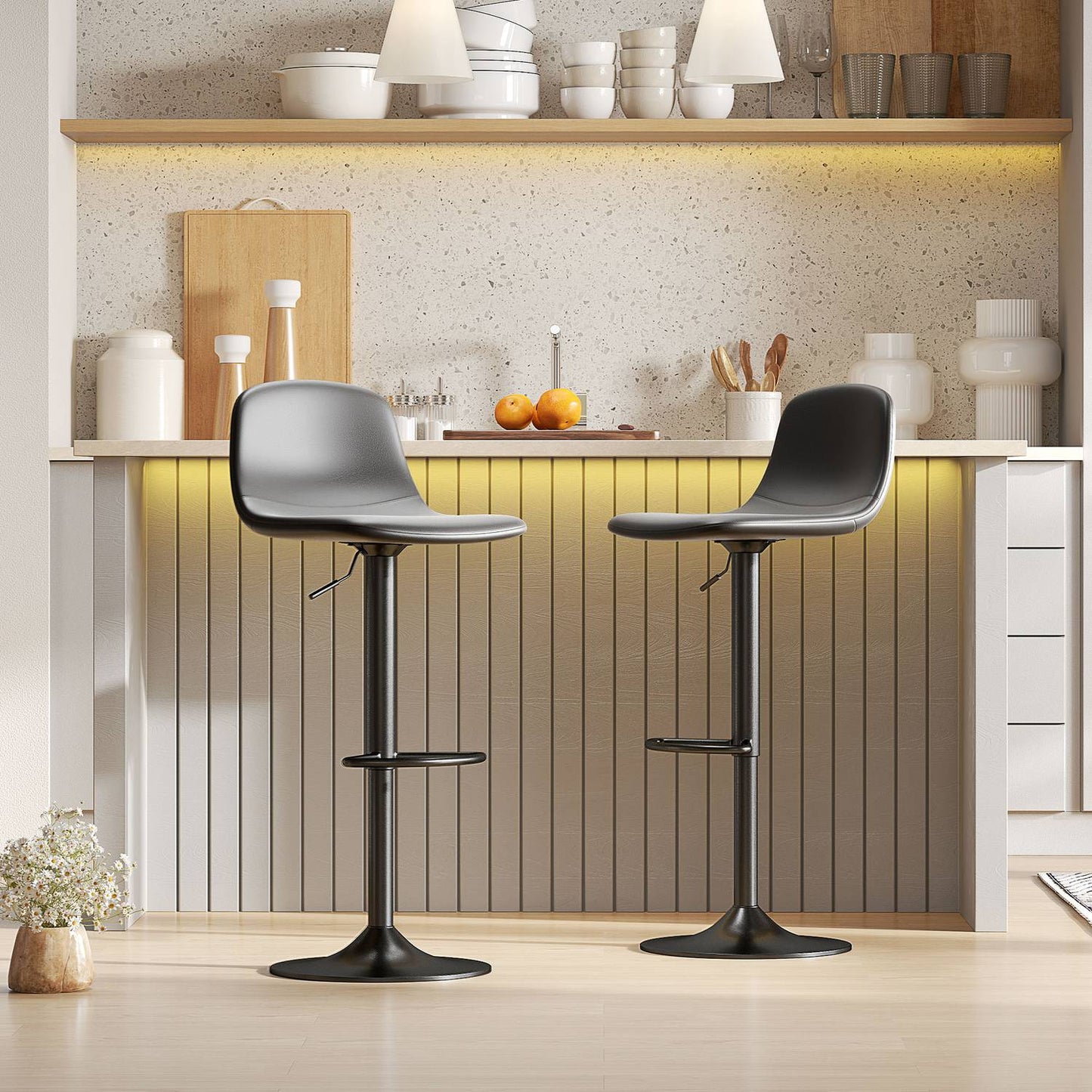 Adjustable Faux Leather Bar Stools, Set of 2, Swivel, Black