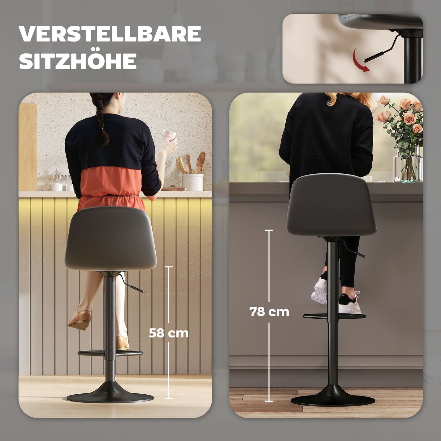 Adjustable Faux Leather Bar Stools, Set of 2, Swivel, Black