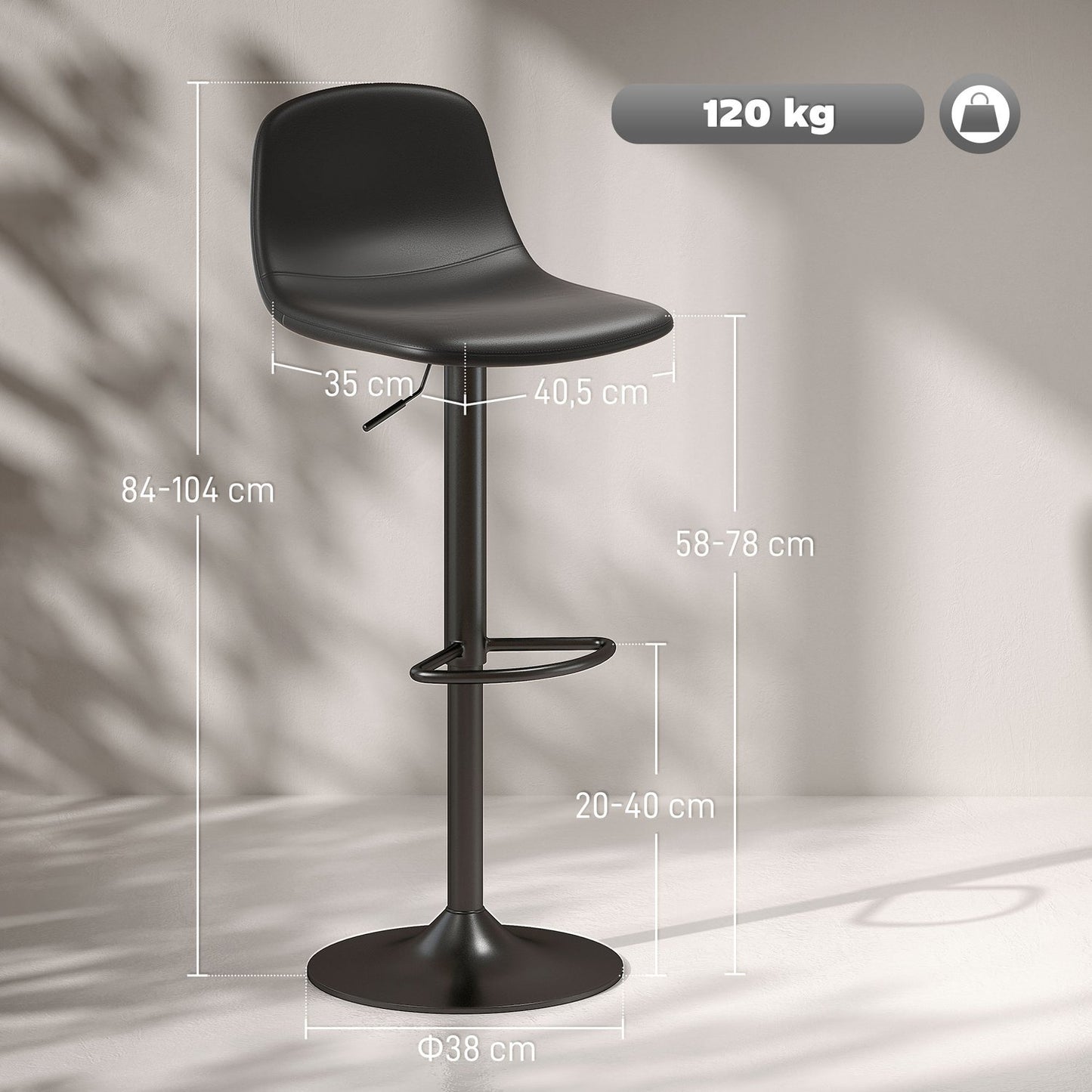 Adjustable Faux Leather Bar Stools, Set of 2, Swivel, Black