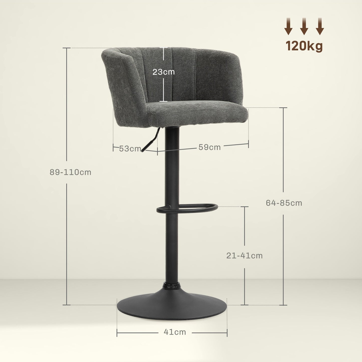 Height adjustable swivel bar stools, set of 2, dark gray linen