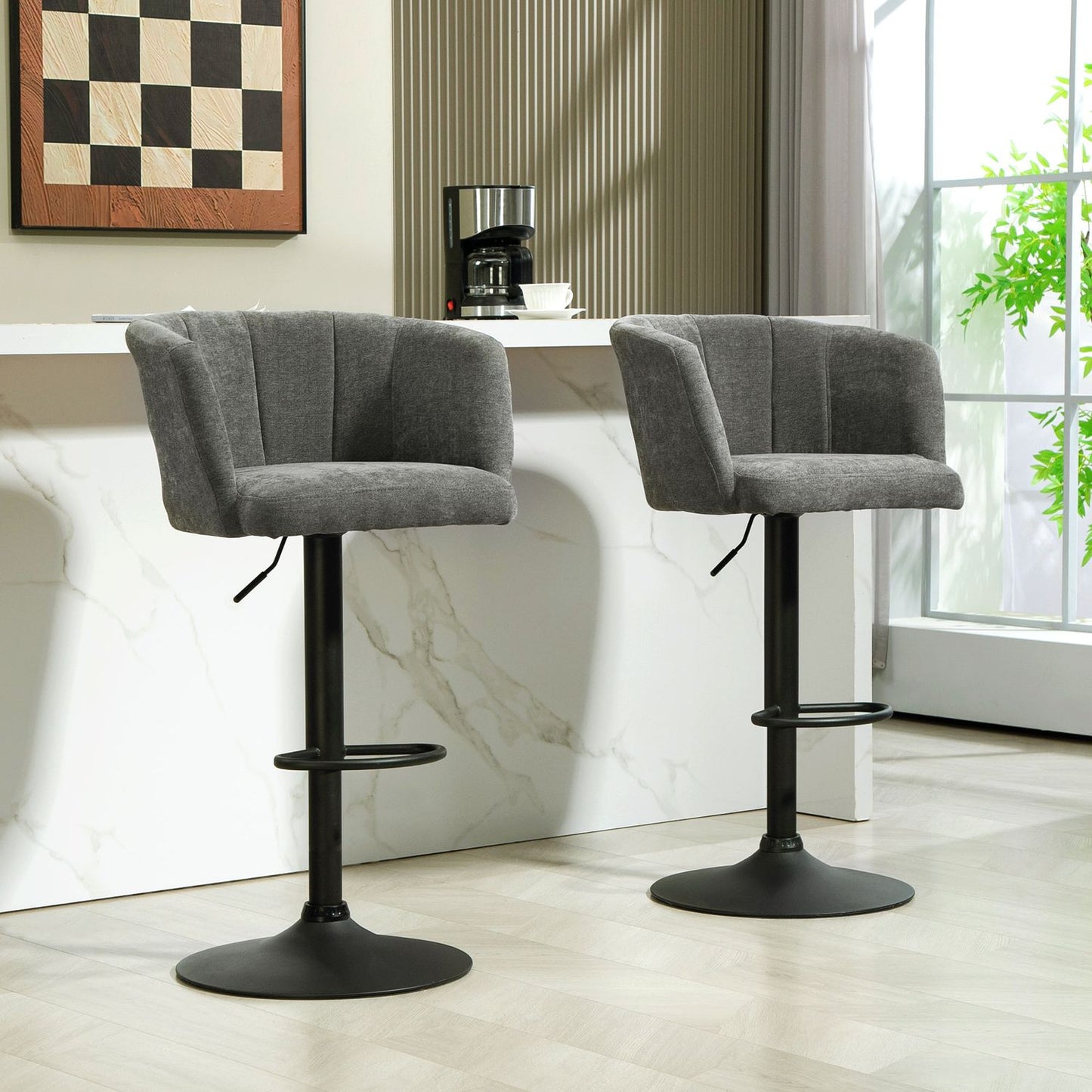 Height adjustable swivel bar stools, set of 2, dark gray linen