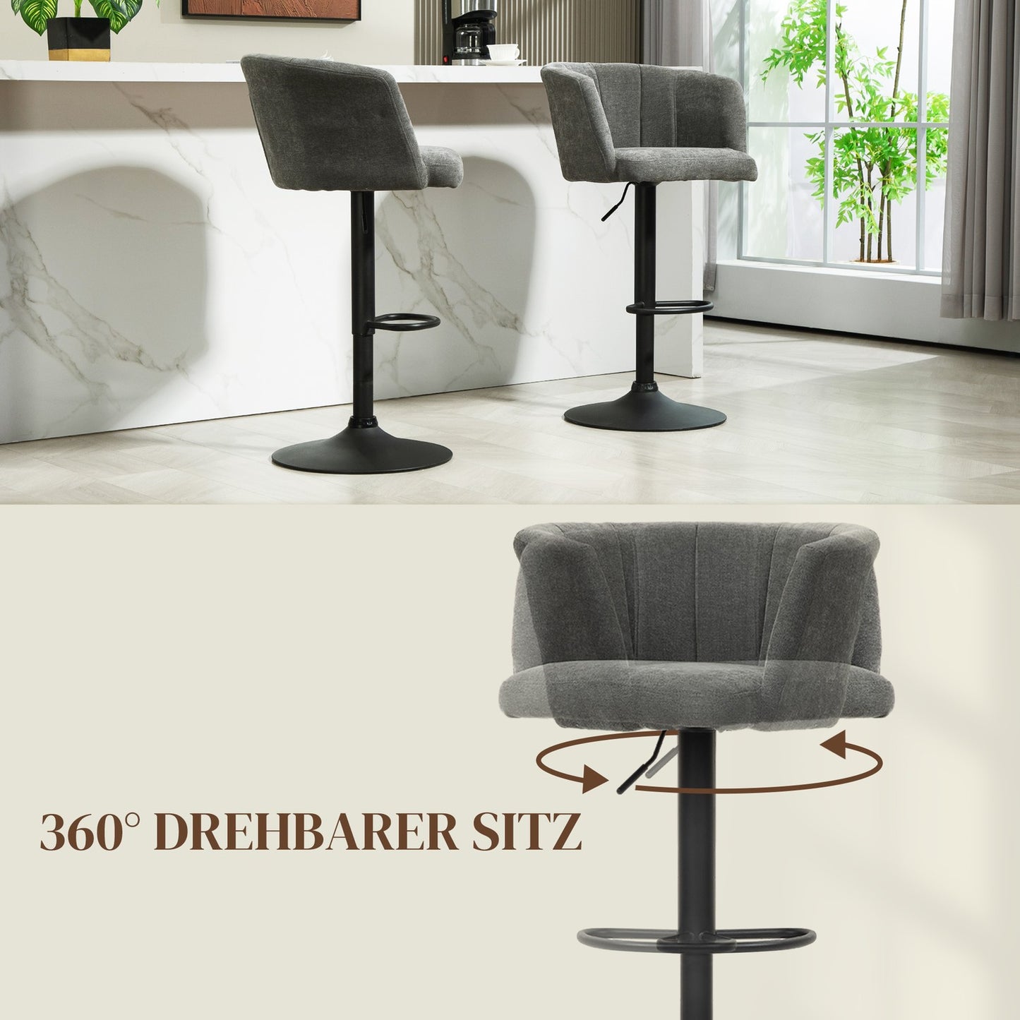 Height adjustable swivel bar stools, set of 2, dark gray linen