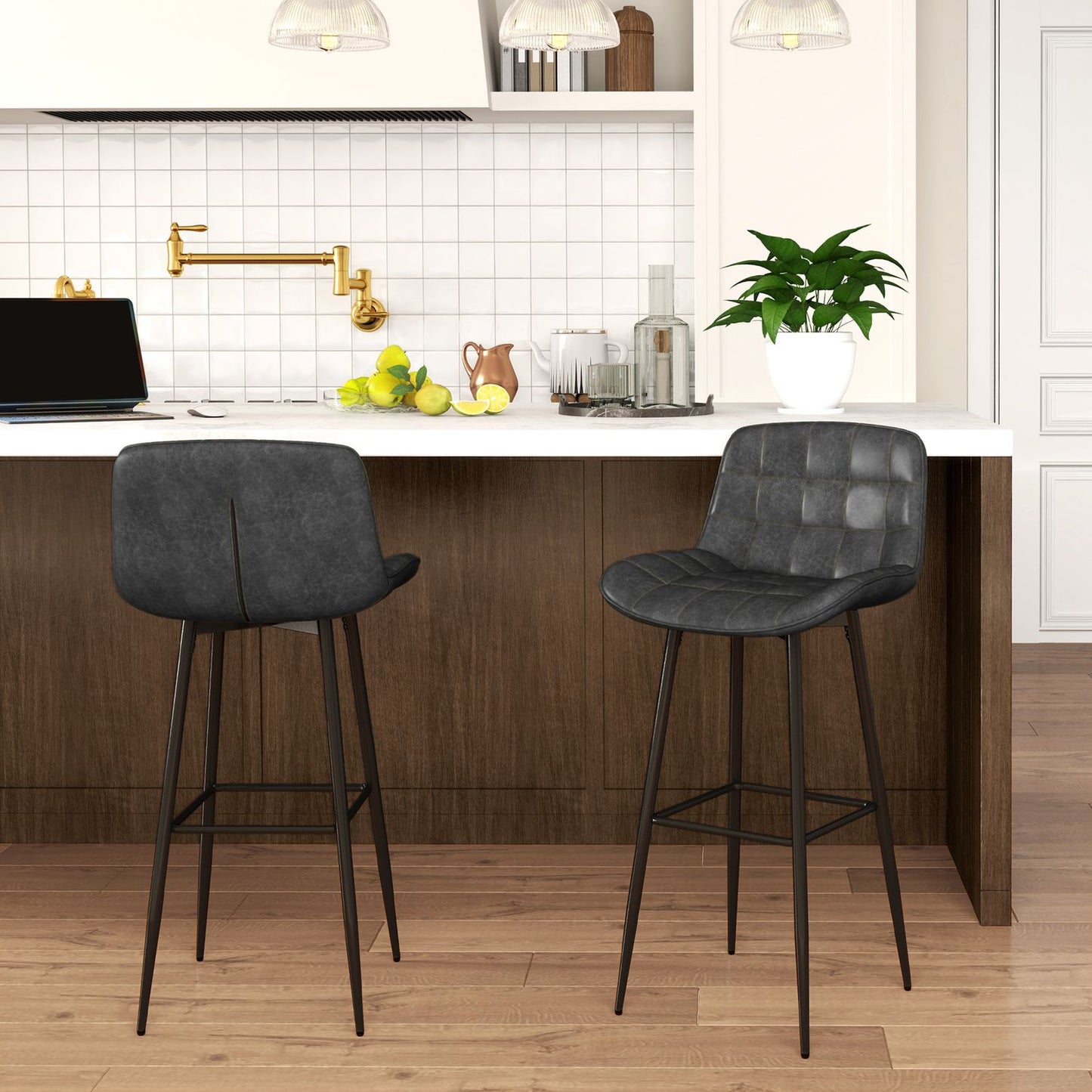Dark gray swivel barstools, set of 2 with footrest and back