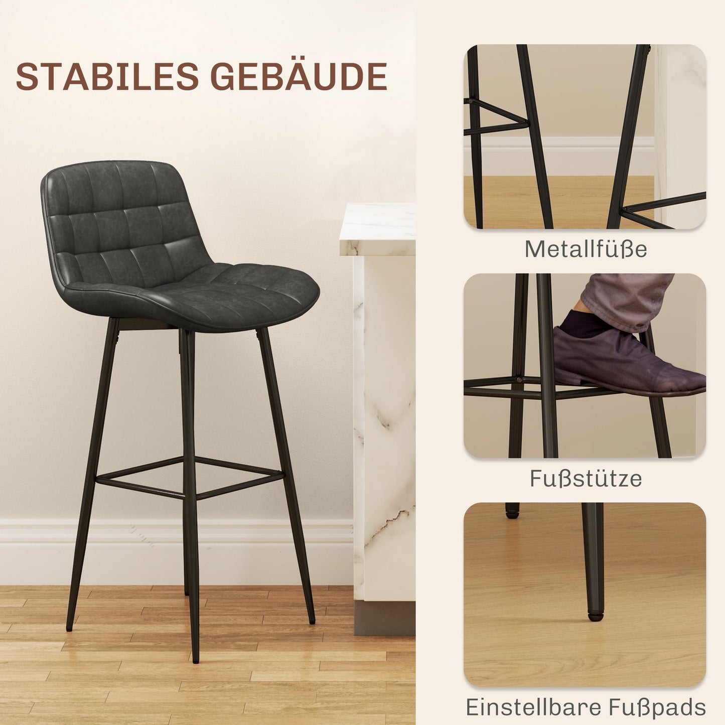 Dark gray swivel barstools, set of 2 with footrest and back