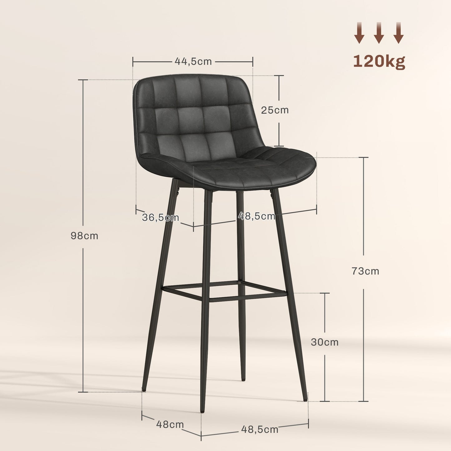 Dark gray swivel barstools, set of 2 with footrest and back