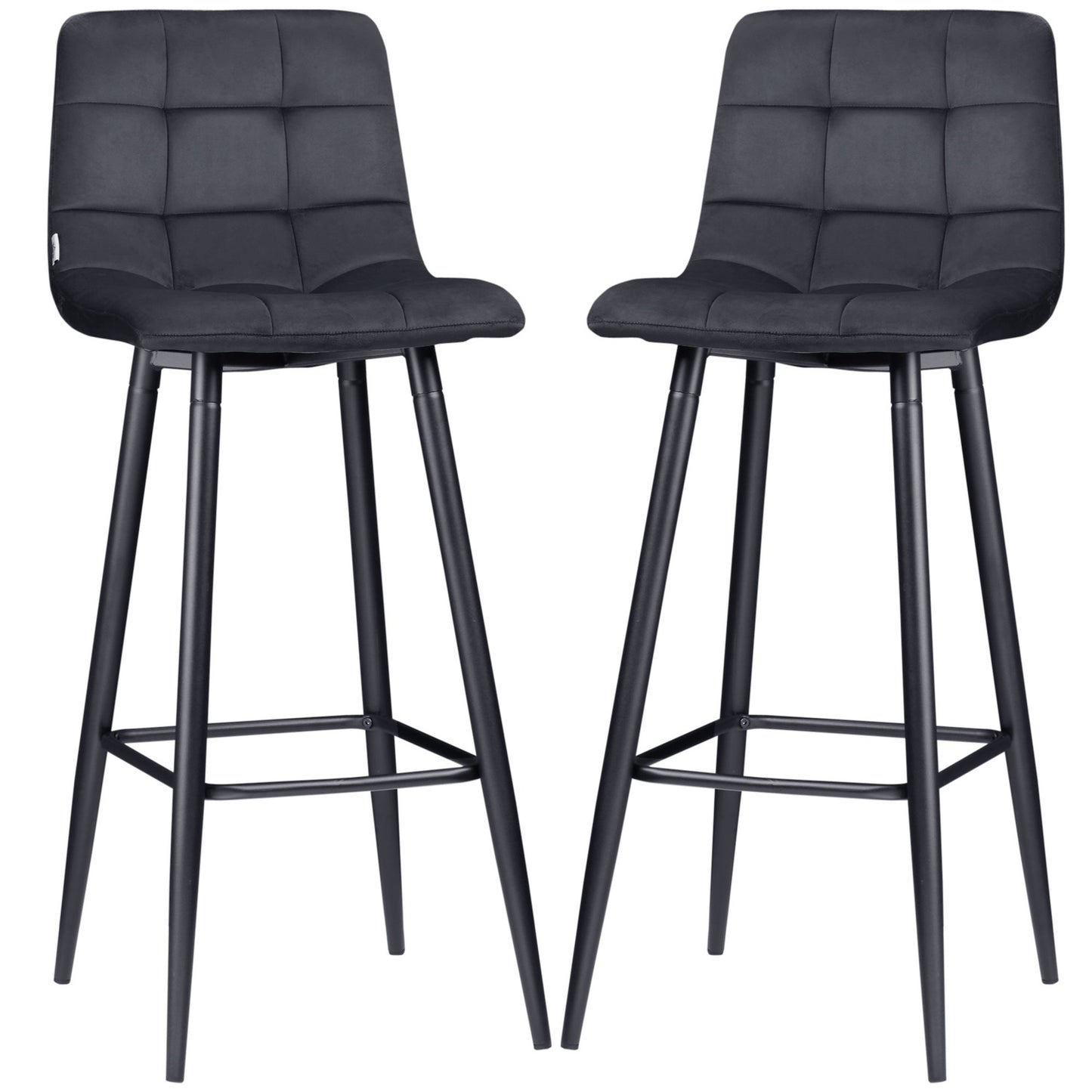 Black Velvet Bar Stool Set with footrest, steel legs - 42x47x105cm