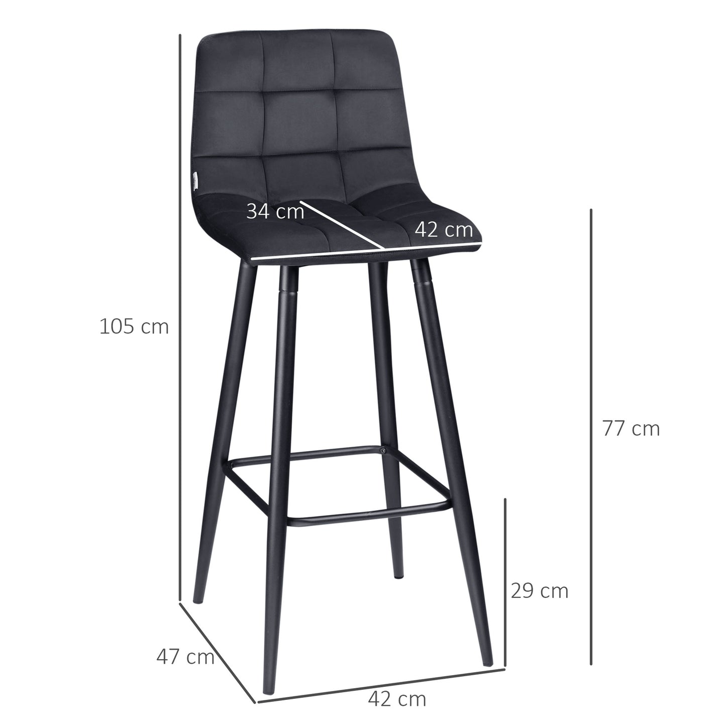 Black Velvet Bar Stool Set with footrest, steel legs - 42x47x105cm