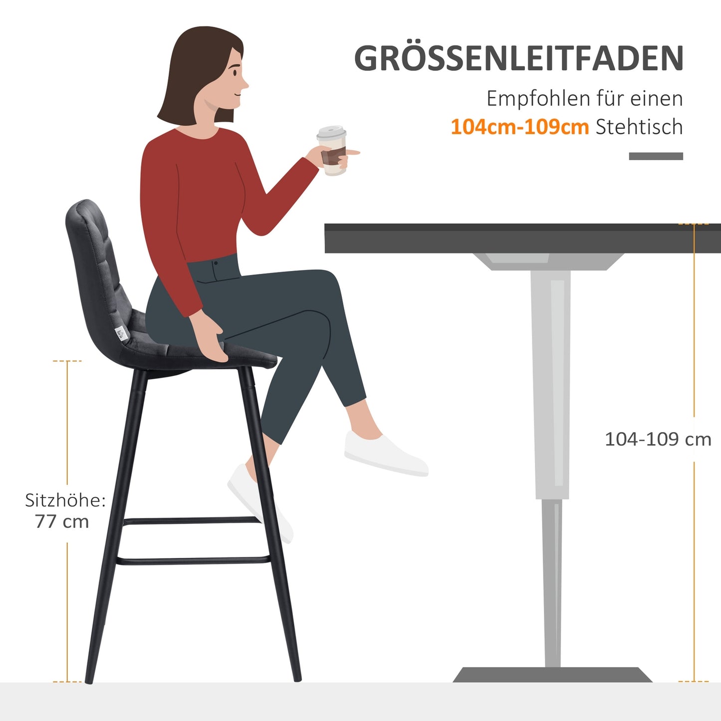 Black Velvet Bar Stool Set with footrest, steel legs - 42x47x105cm