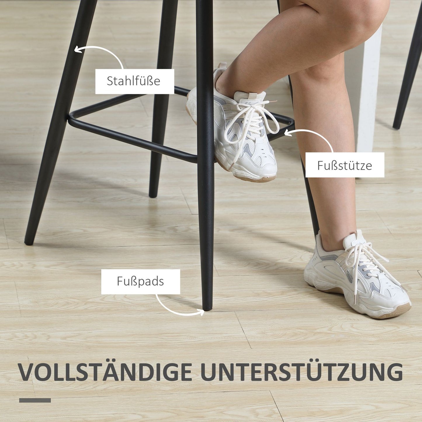 Velvet bench stool with footrest, set of 2 - light grey
