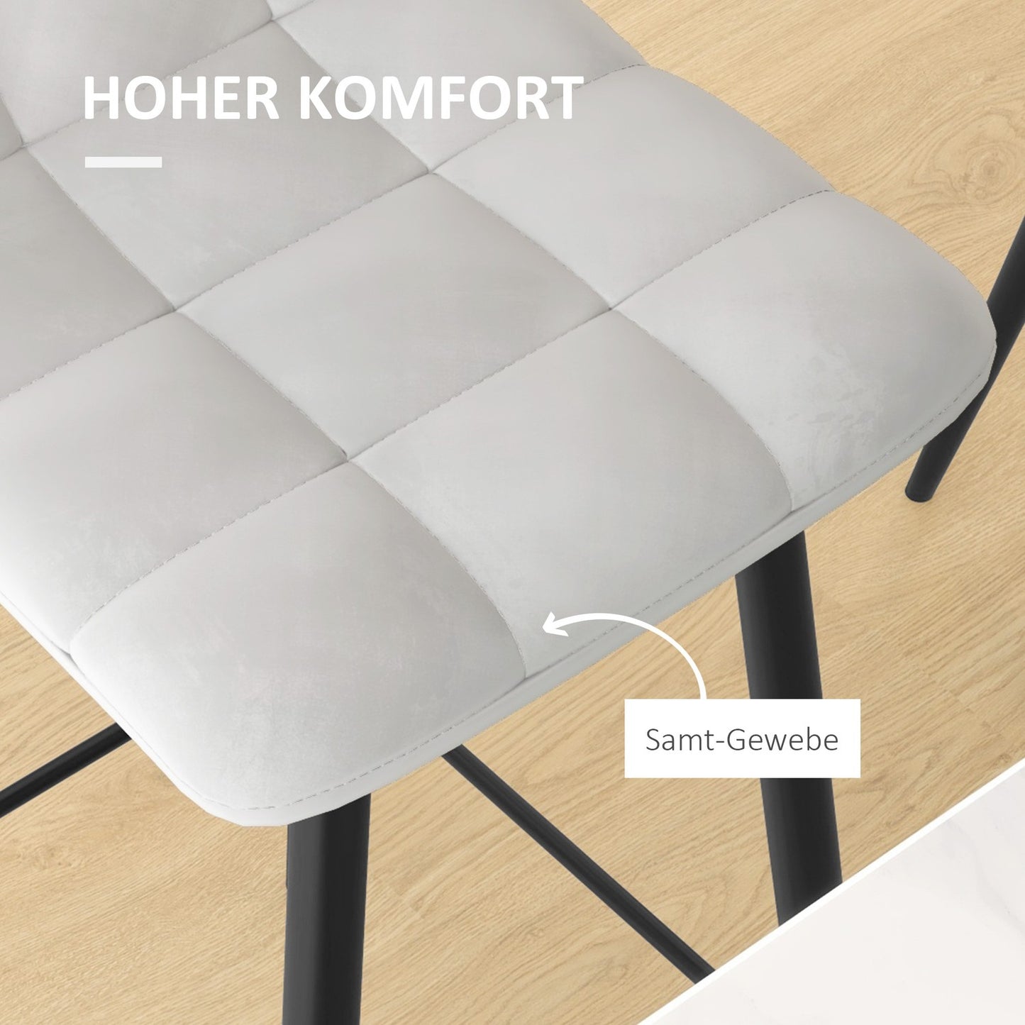 Velvet bench stool with footrest, set of 2 - light grey