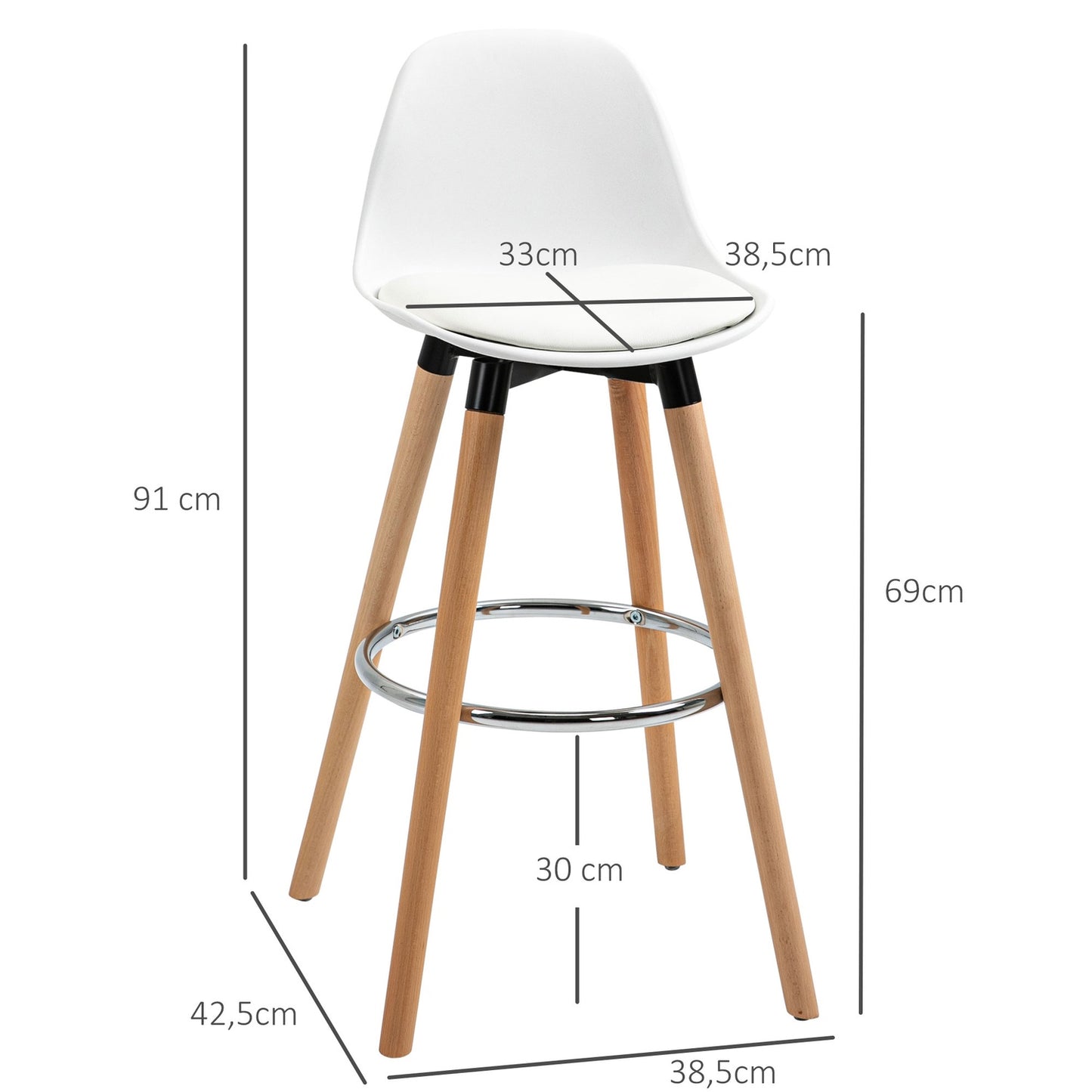 White artificial leather barstools, set of 2 with footrests