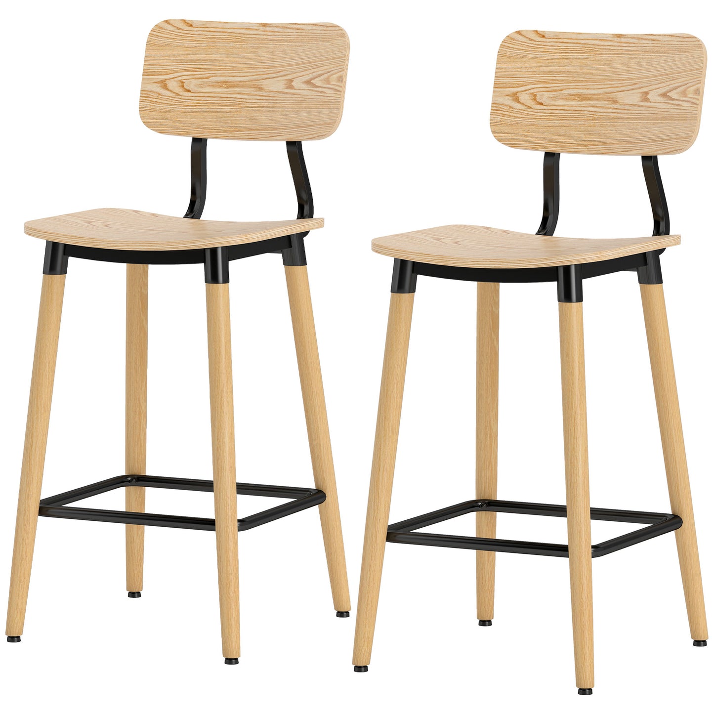 Set of 2 bar stools with backrest, bar chairs for home bar, kitchen island, dining room, wood, metal, light brown