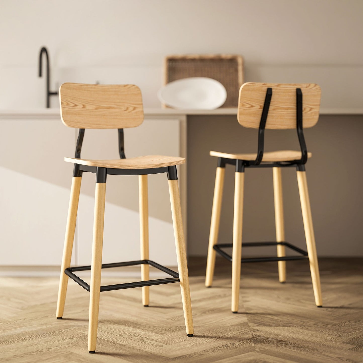 Set of 2 bar stools with backrest, bar chairs for home bar, kitchen island, dining room, wood, metal, light brown