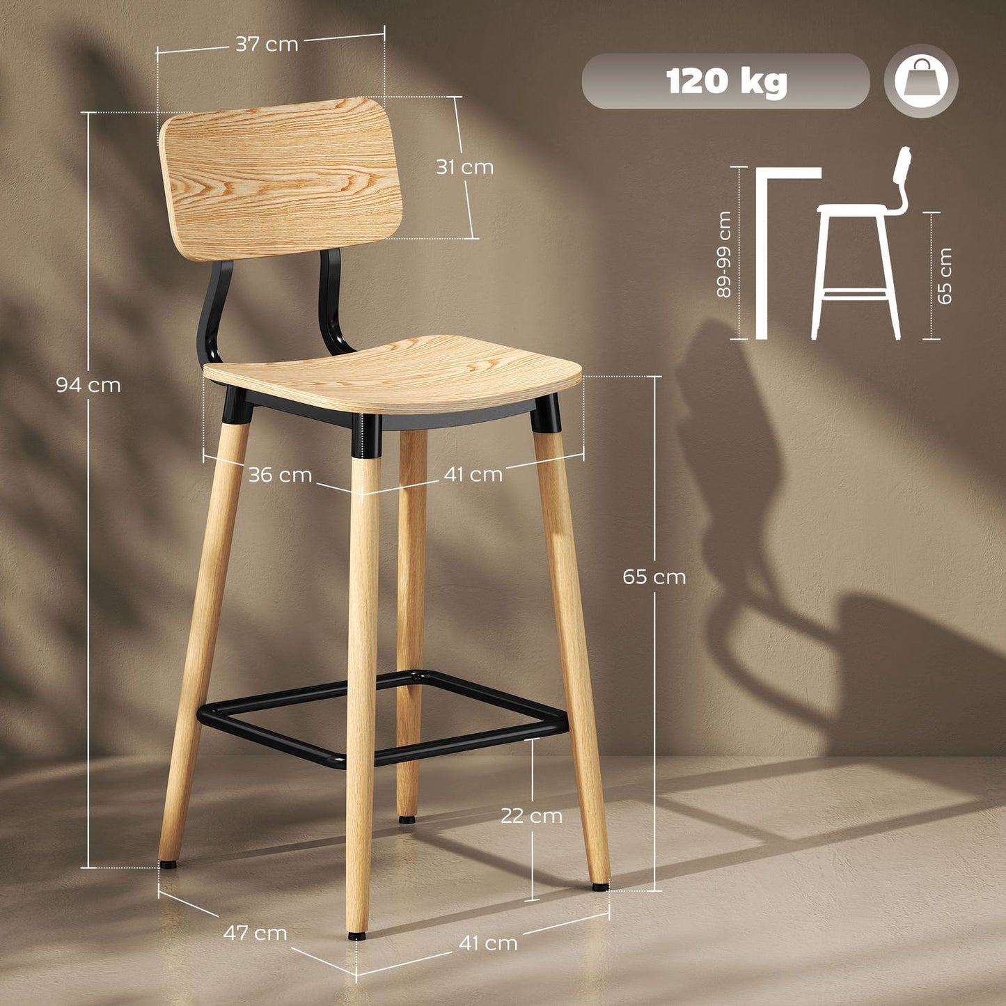Set of 2 bar stools with backrest, bar chairs for home bar, kitchen island, dining room, wood, metal, light brown