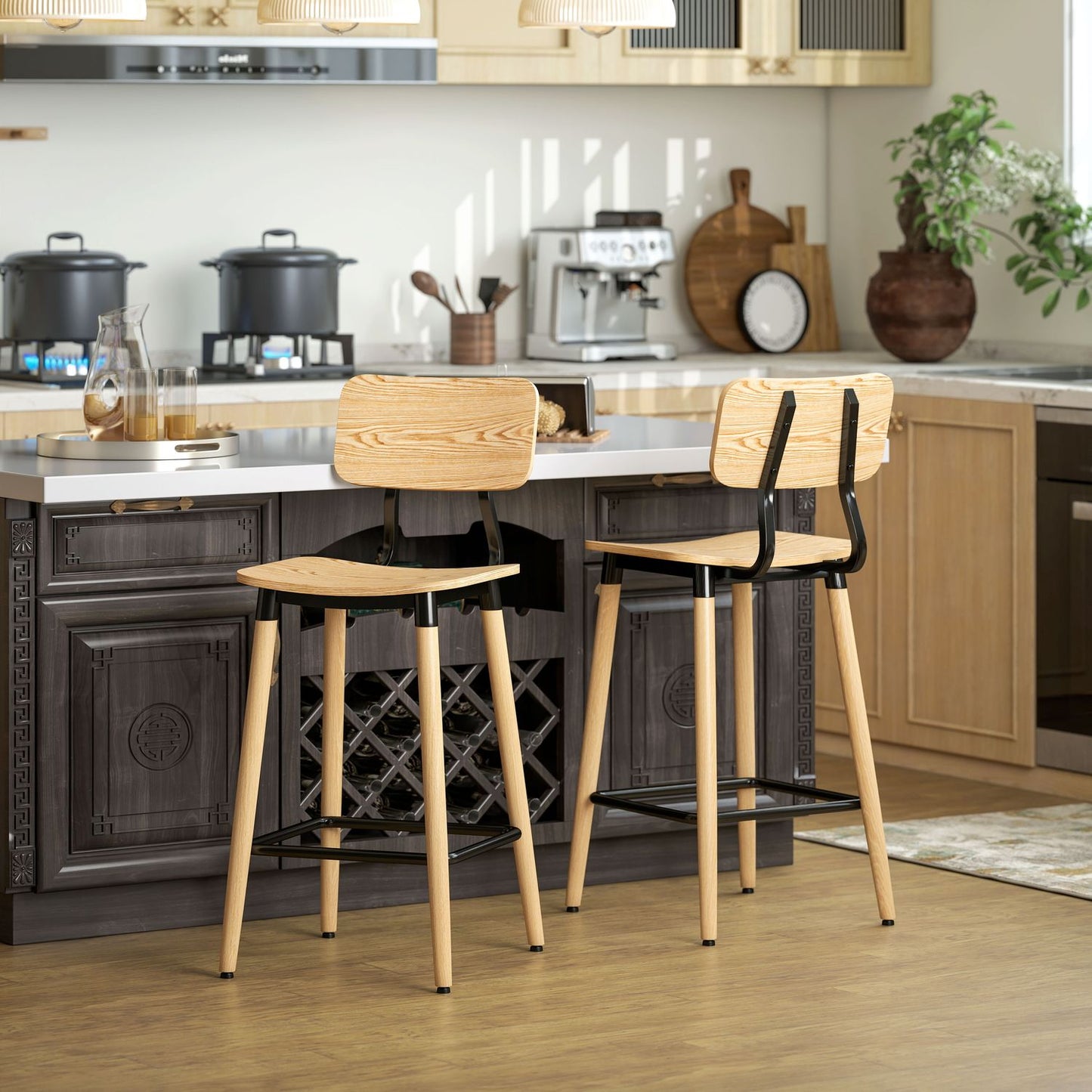 Set of 2 bar stools with backrest, bar chairs for home bar, kitchen island, dining room, wood, metal, light brown