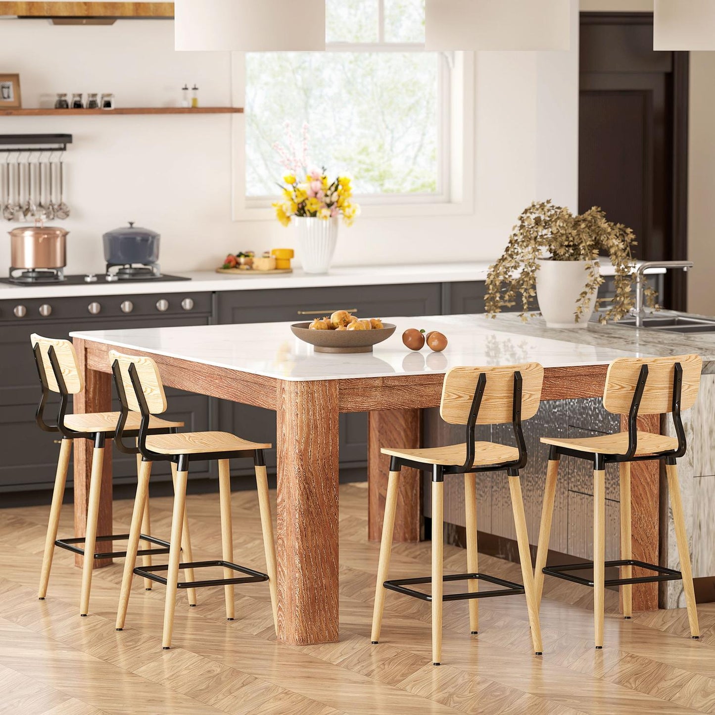 Set of 2 bar stools with backrest, bar chairs for home bar, kitchen island, dining room, wood, metal, light brown