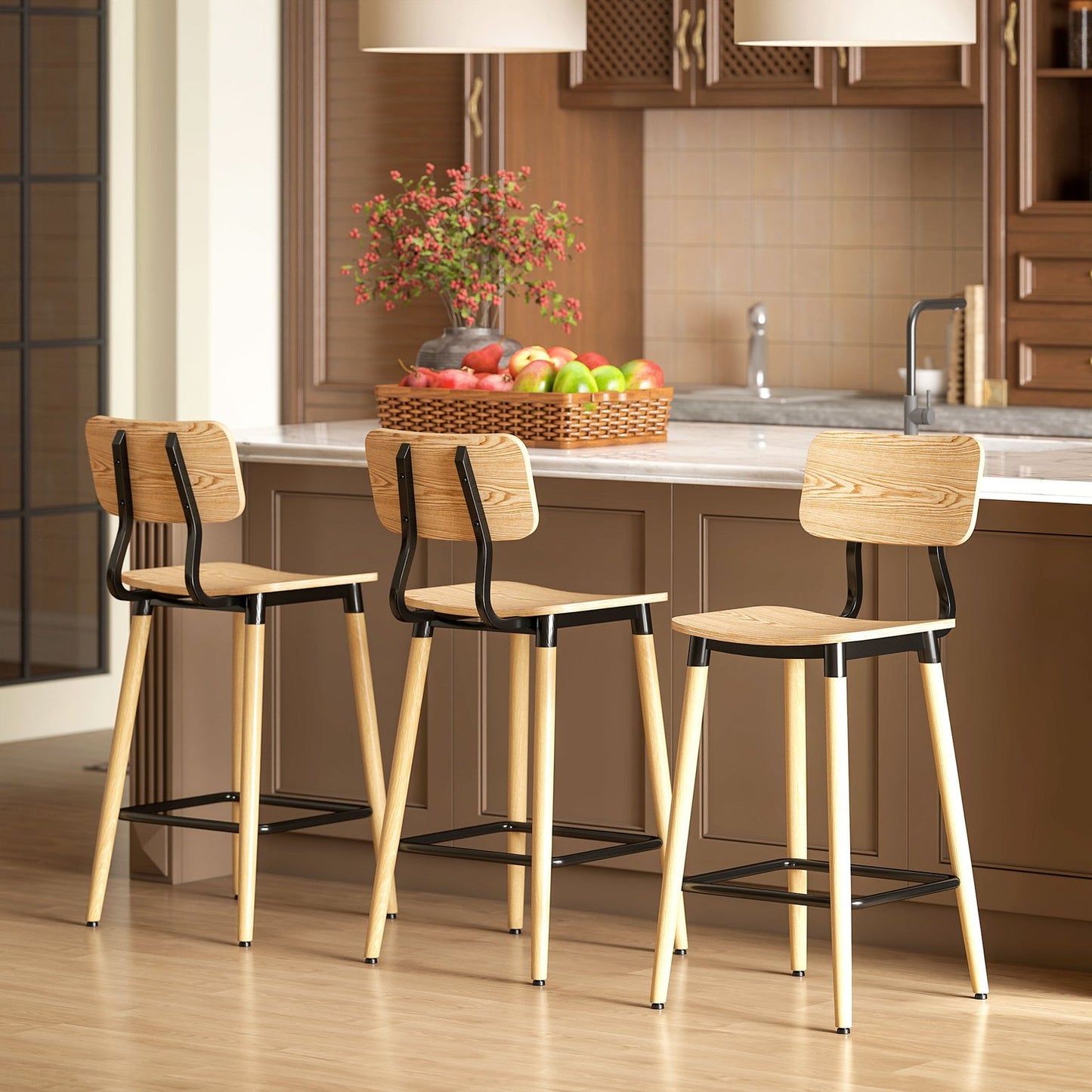 Set of 2 bar stools with backrest, bar chairs for home bar, kitchen island, dining room, wood, metal, light brown