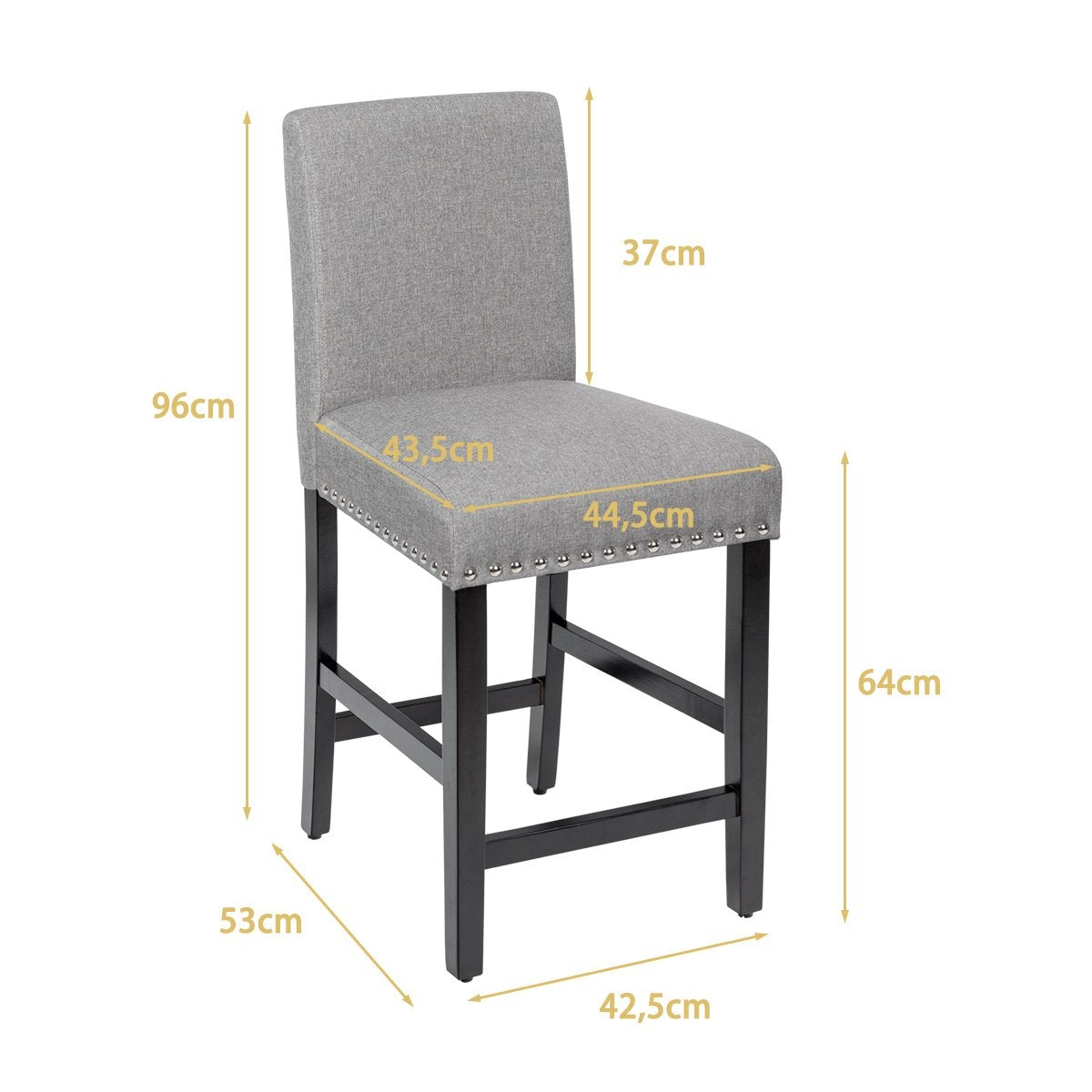 Set of 2 bar stools with legs made of rubber wood and breathable linen fabric bar chairs gray