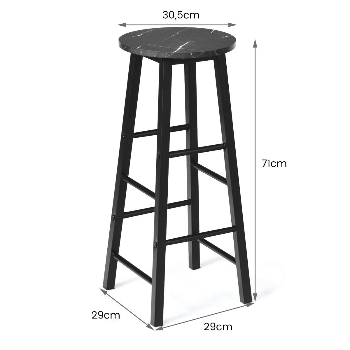 Set of 2 bar stools with marble look & footrest & 71 cm seat height bar chairs counter stools black