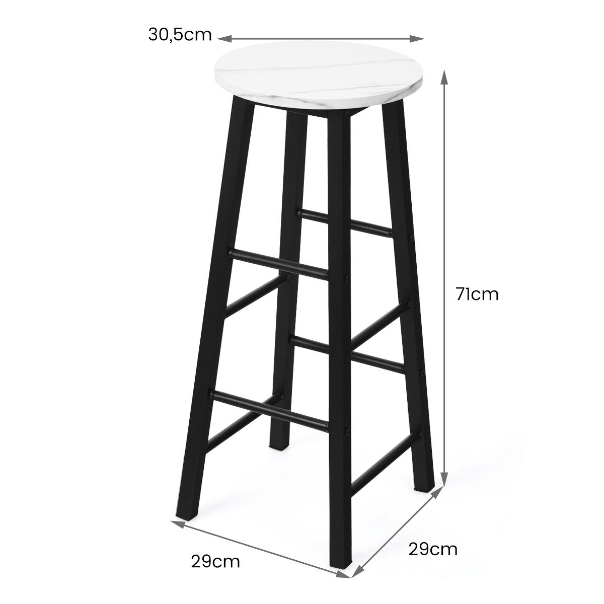 Set of 2 bar stools with marble look & footrest & 71 cm seat height bar chairs counter stools white
