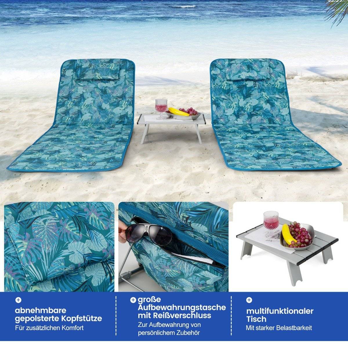 Set of 2 beach mats with side table, pillow & storage compartment, lounger mat with adjustable backrest, turquoise blue