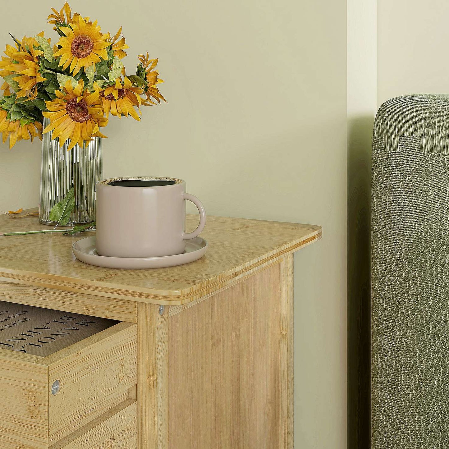 Set of 2 bedside tables with drawer and shelf, natural finish