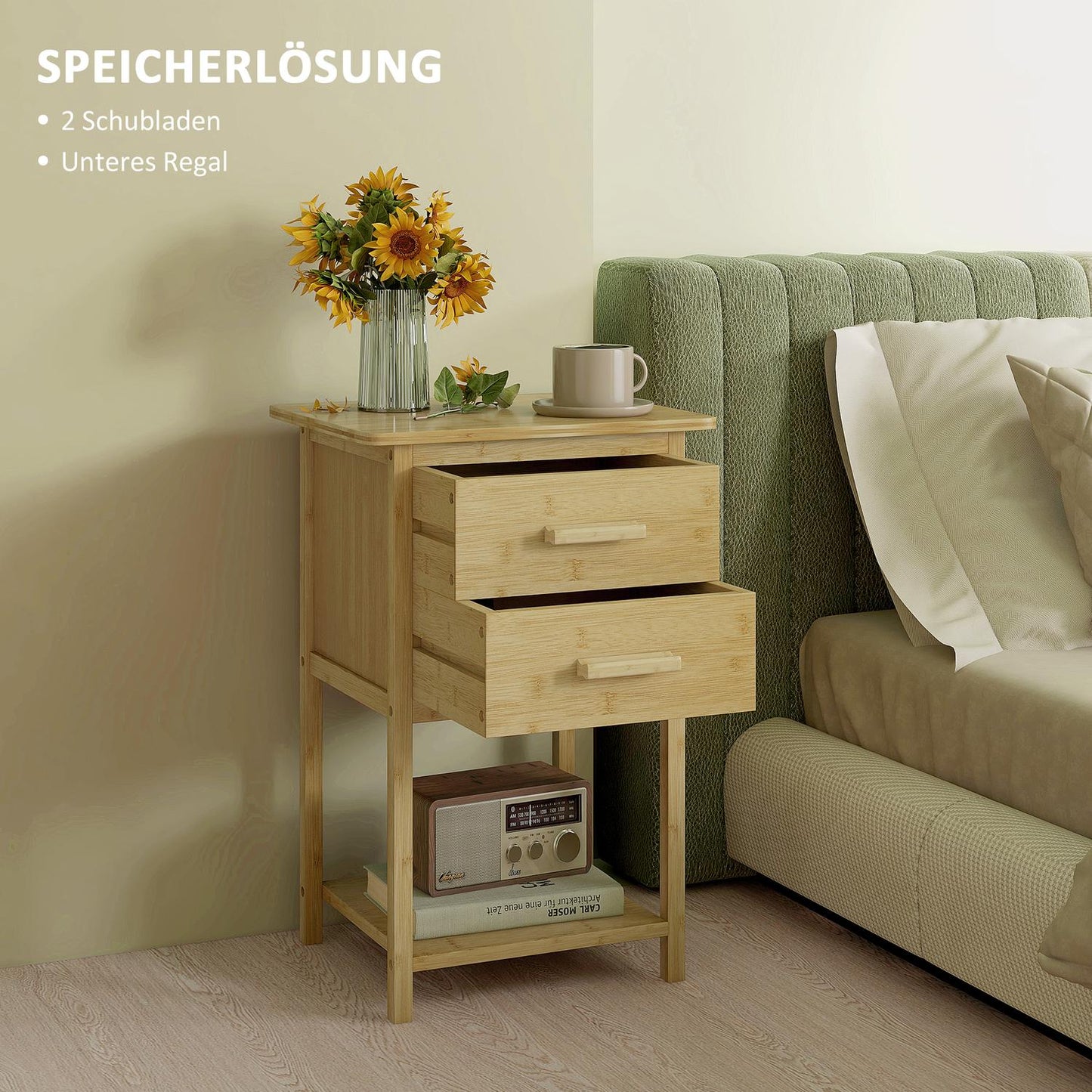 Set of 2 bedside tables with drawer and shelf, natural finish