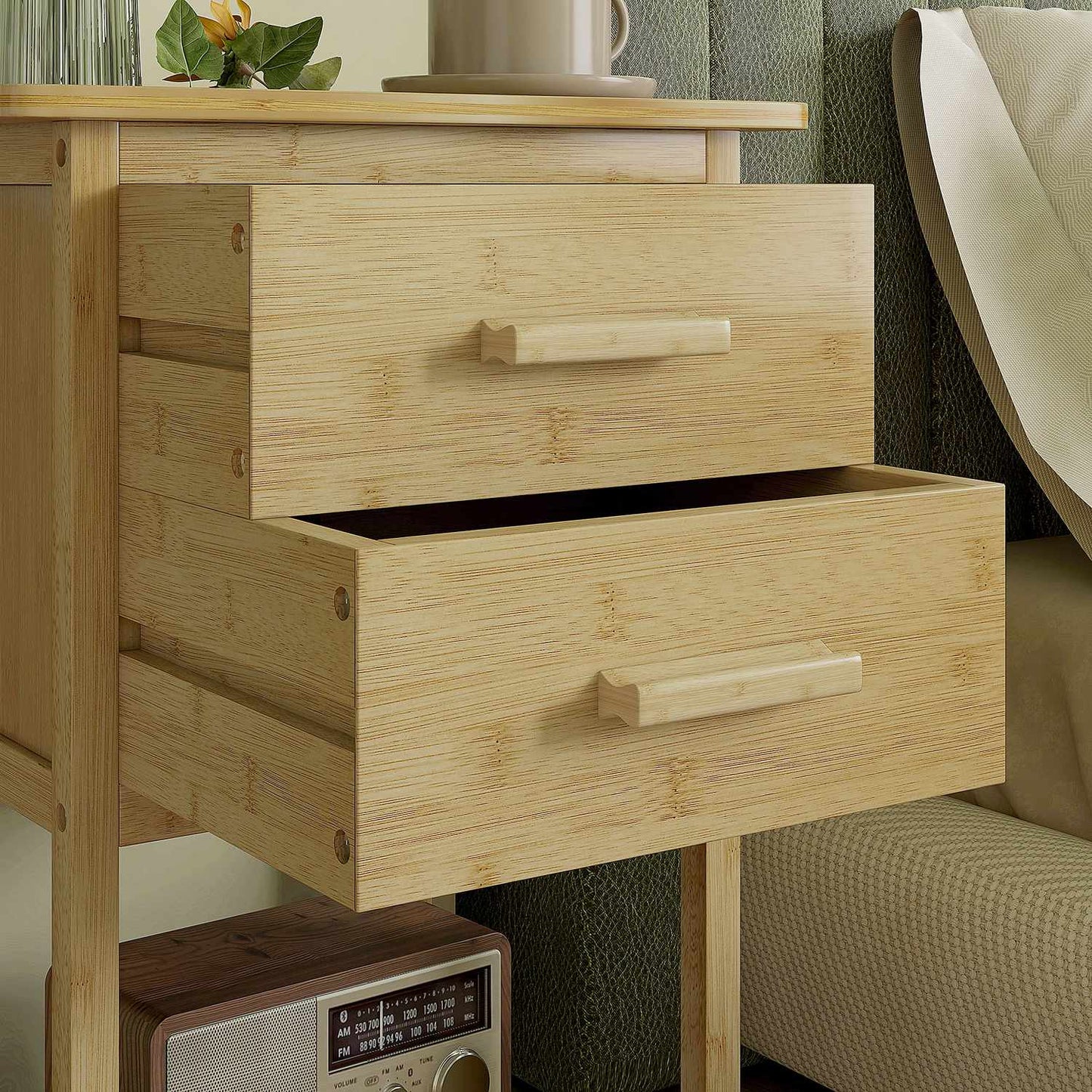 Set of 2 bedside tables with drawer and shelf, natural finish