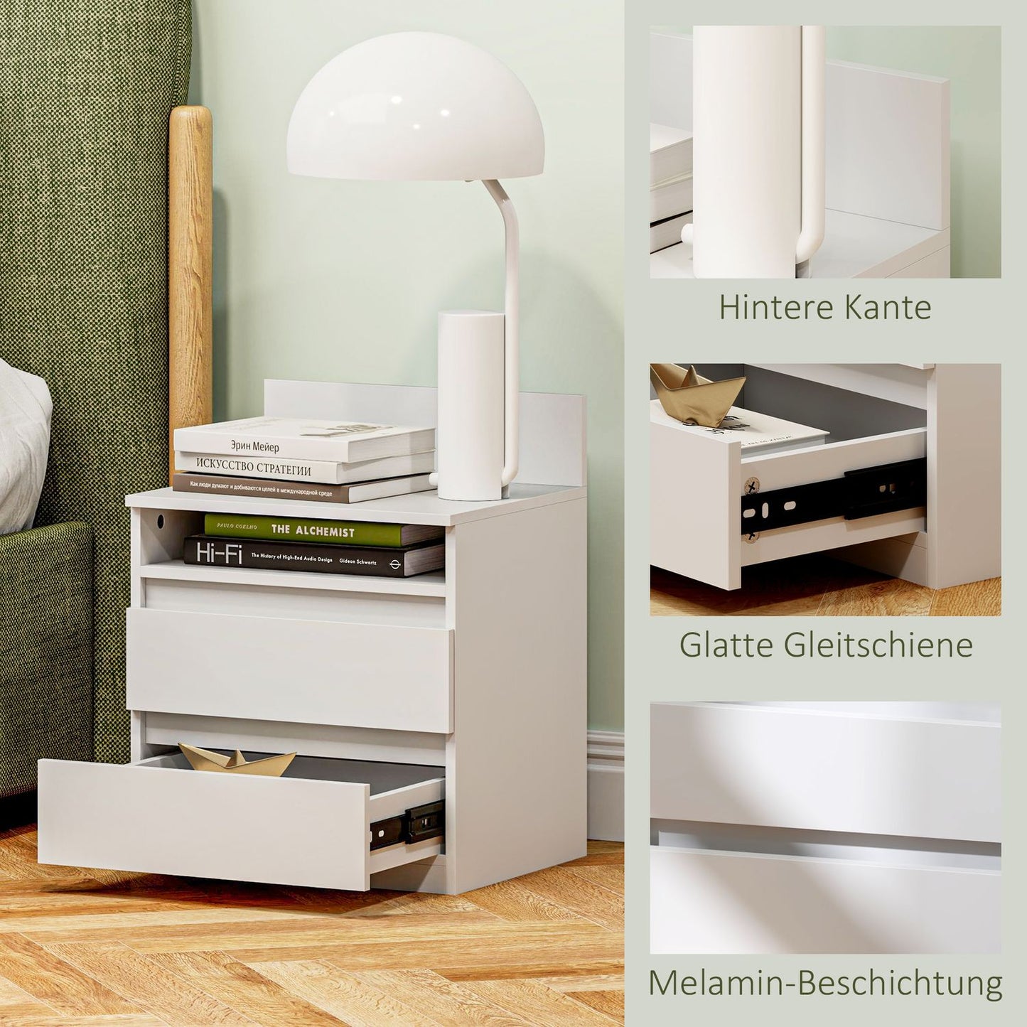 White bedside tables with drawers, set of 2, 40 x 32 x 50 cm