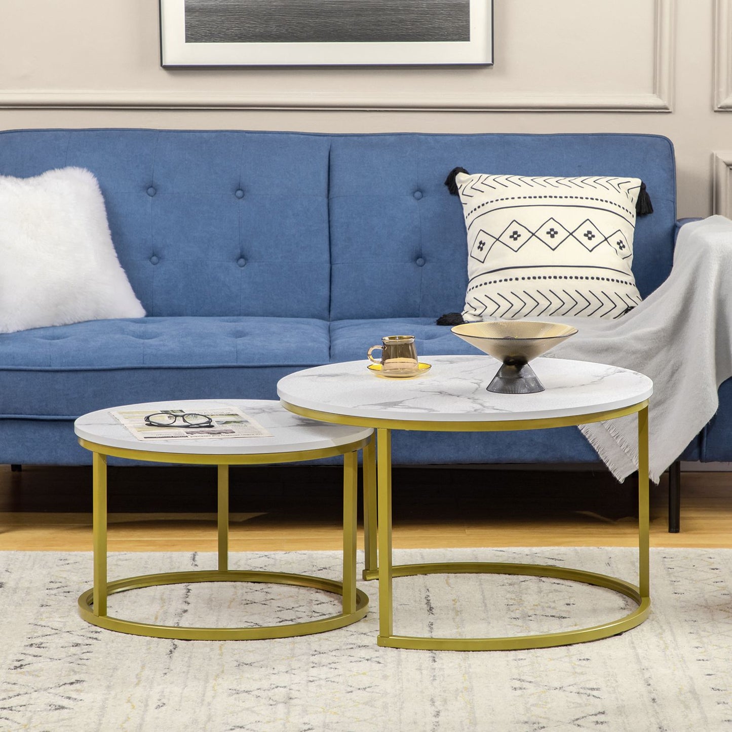 Round coffee table in marble look, set of 2, Steel in gold