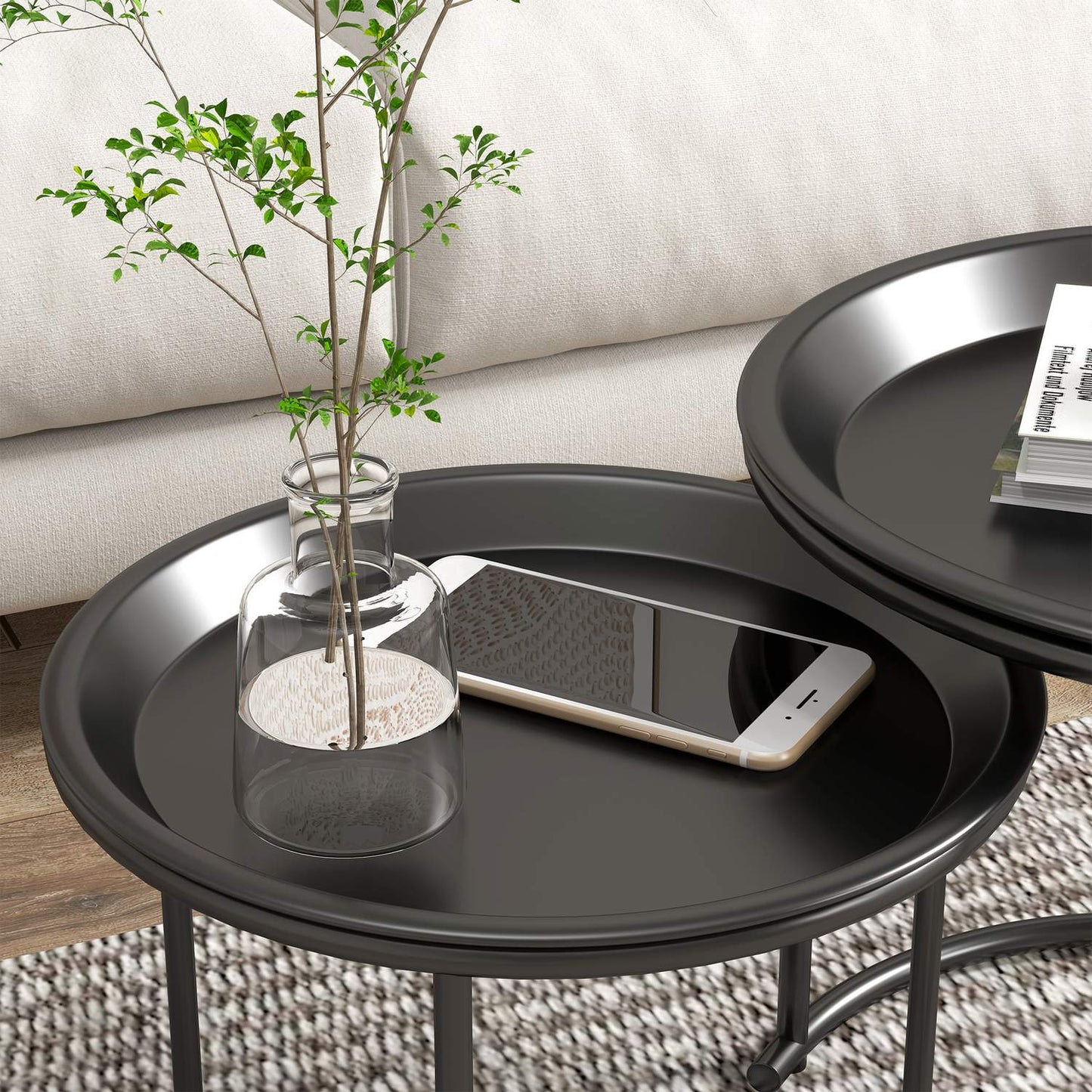 Round coffee table set, Stackable steel, Ø43/35 cm, Black