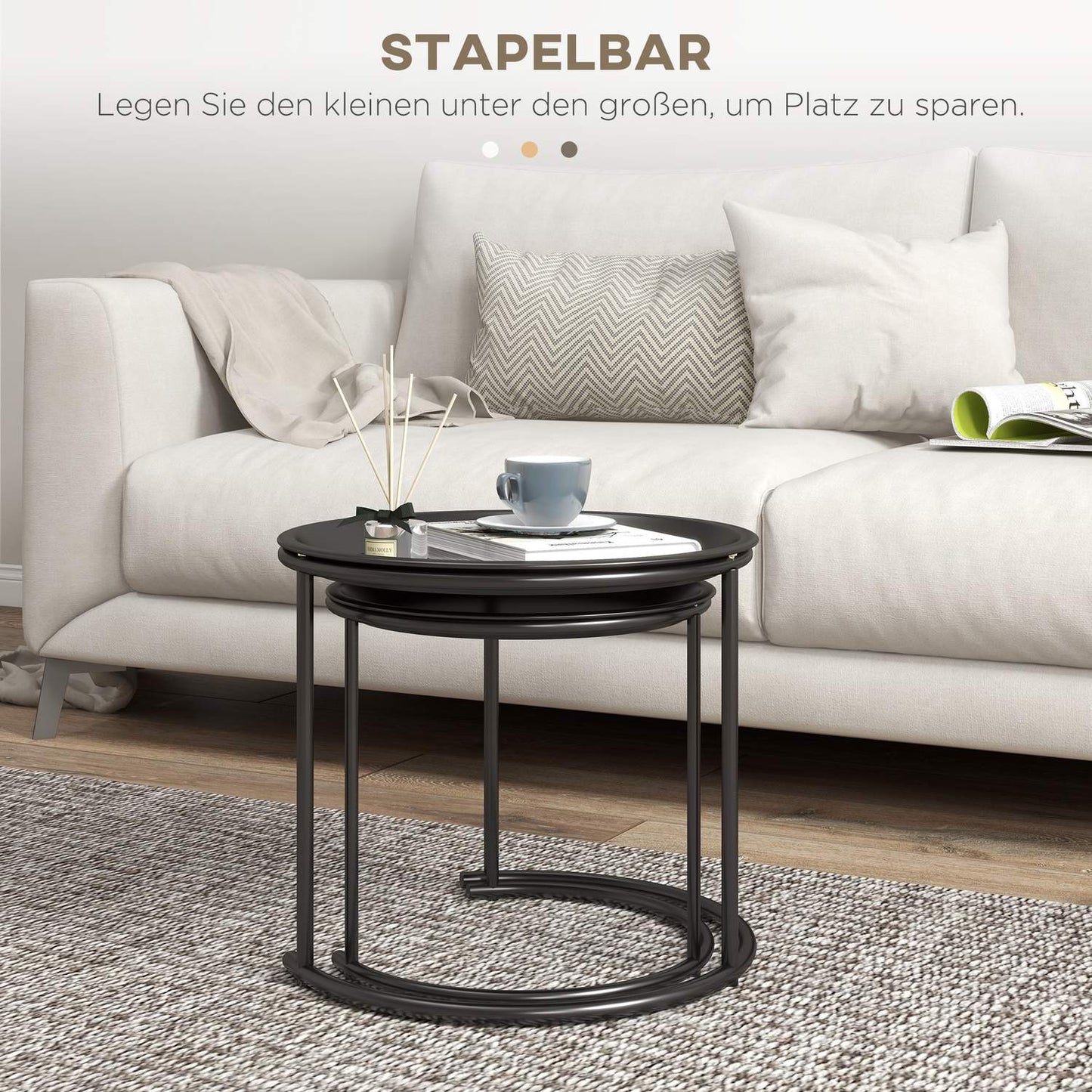 Round coffee table set, Stackable steel, Ø43/35 cm, Black