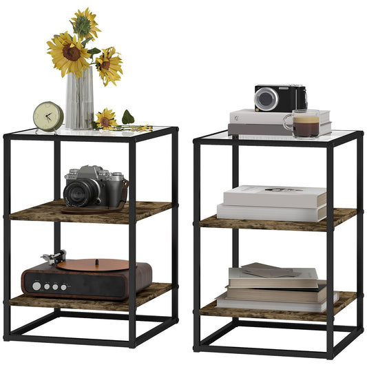 Rustic brown 3-tier glass coffee table - set of 2