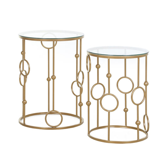 Set of 2 coffee tables, side tables with glass tops, living room tables with hoop and ball design Ø41 x 57 cm, gold