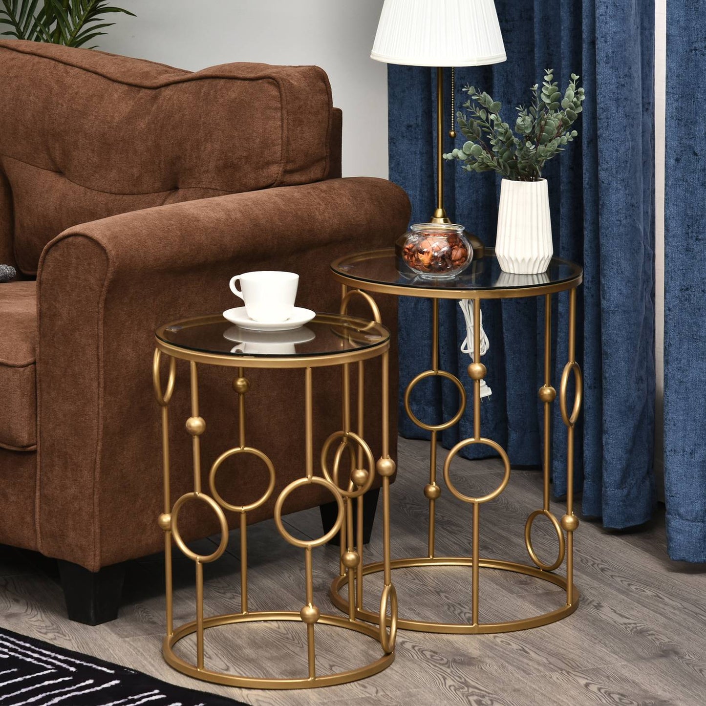 Set of 2 coffee tables, side tables with glass tops, living room tables with hoop and ball design Ø41 x 57 cm, gold