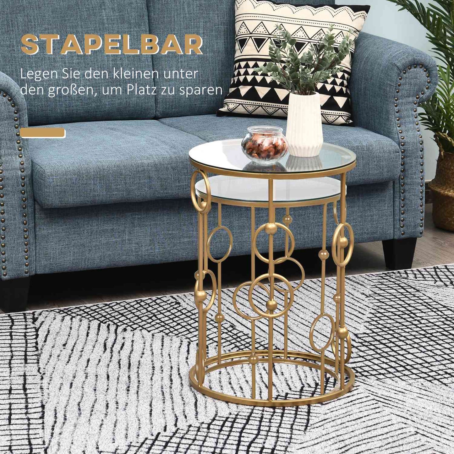 Set of 2 coffee tables, side tables with glass tops, living room tables with hoop and ball design Ø41 x 57 cm, gold